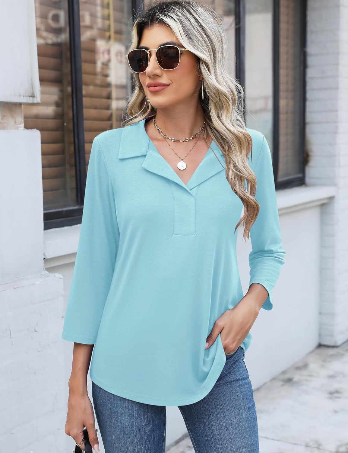 LUYAA Womens Polo Shirts 3/4 Length Sleeve Tops Collar V Neck Business Casual Blouses - Image 4
