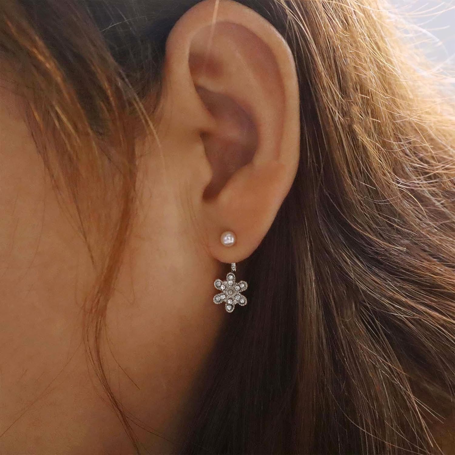 Boho Pearl Jacket Earrings Crystal Flower Earrings Rhinestone Flower Drop Earrings Gold Pearl Stud Earrings Bridal Wedding Earrings Front Back Earrings Jewelry for Women - Image 2