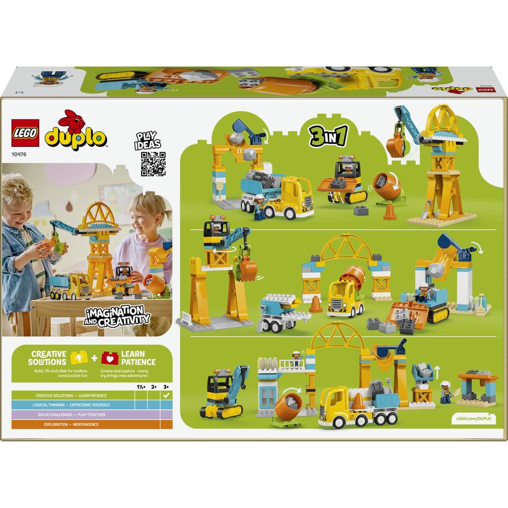 LEGO DUPLO Plac budowy z pojazdami 3 w 1 10476 | plac budowy, klocki dla 3-latka, prezent dla chłopca i dziewczynki 3+, pojazdy 3 w 1, 84 elementy