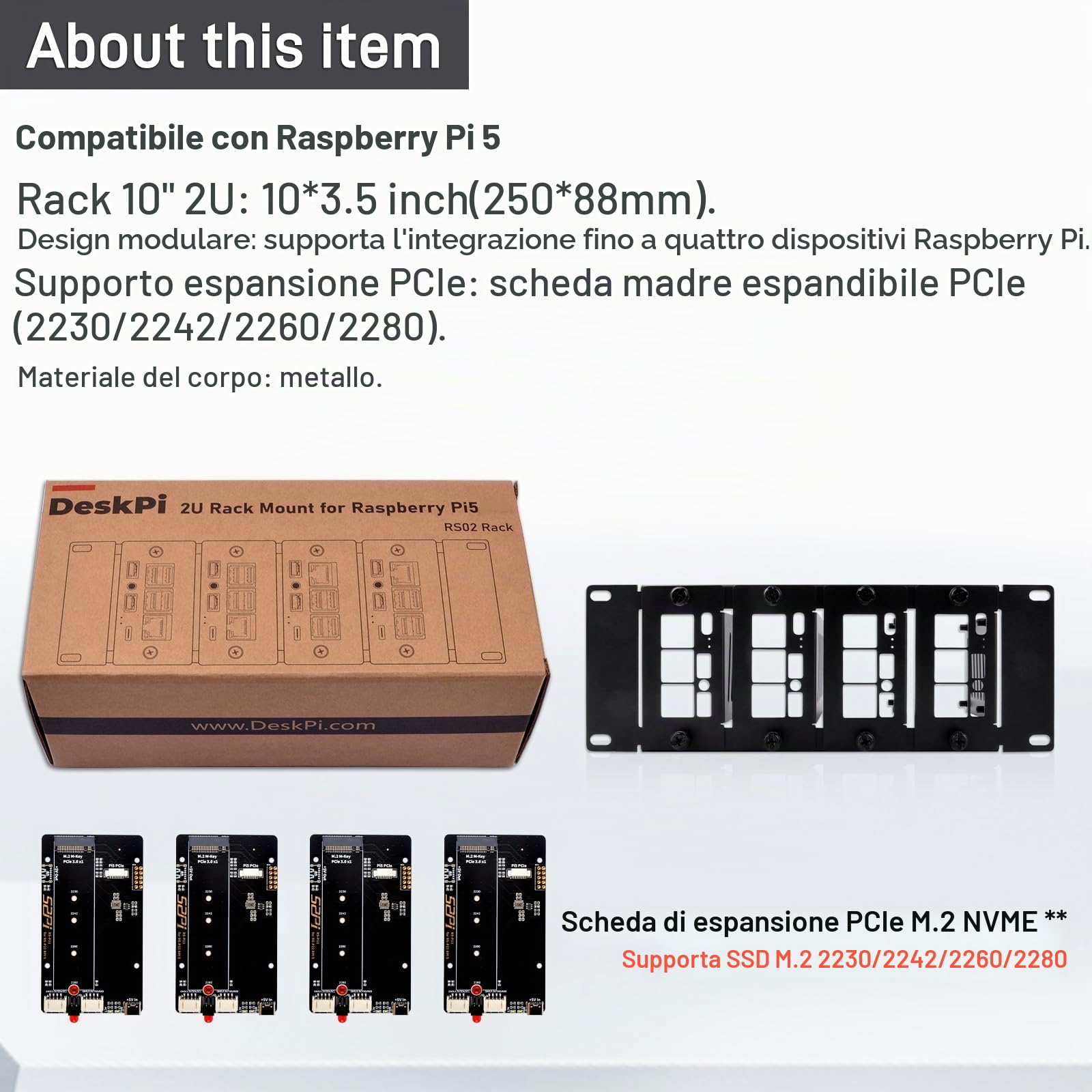 GeeekPi 10 pollici 2U Rackmount for Raspberry Pi 5, with 4PCS PCIe to M.2 NVMe SSD Adapters, Holds up to 4 Raspberry Pi 5 Boards, Compatible with DeskPi RackMate T1/T0/T2/10 inch Server Rack