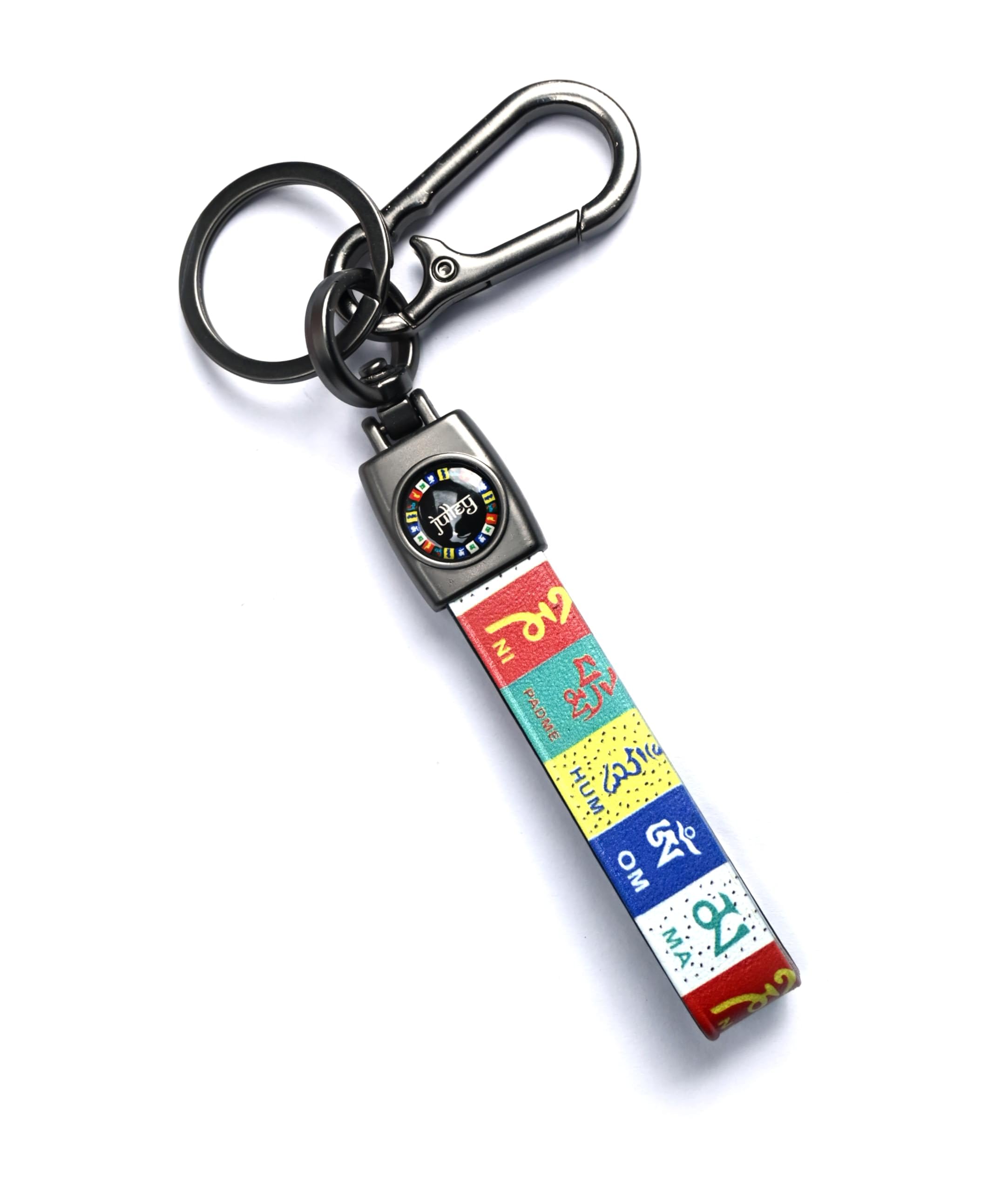 FernHaus Premium Leatherette Tibetan Prayer Keychain for Men for Bike & Car With Metal Clip Lock, Leh Ladakh “Om Mani Padme Hum” Keychain, Tibetan Flag Key Holder, Buddhist Keyring