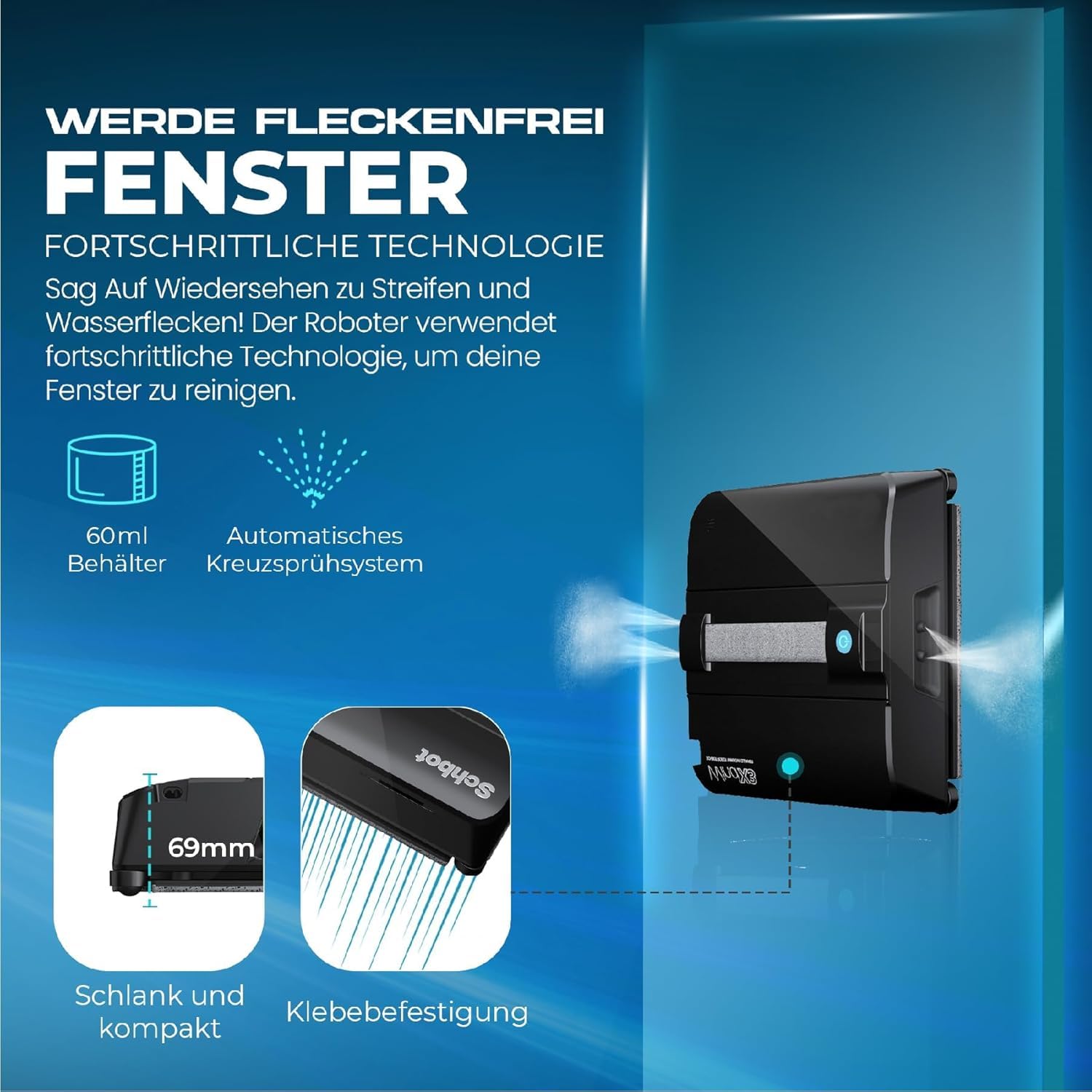 Wind X3 Wintergarten Kit – Fensterputzroboter mit Sprühfunktion für Wintergarten über Kopf, 10 Mikrofaser-Reinigungspads und 6 × 0,4 L Glas- & Fensterreiniger Konzentrat