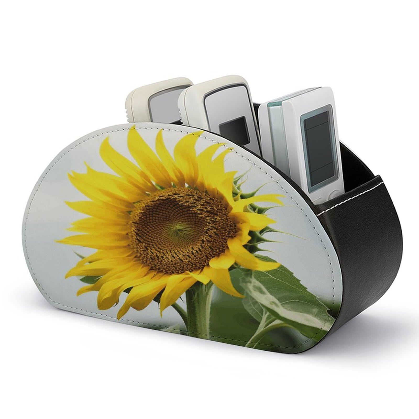 FekiLoot Bloom Sunflower TV Remote Control Holder with 5 Compartments Multi-functional Leather Bedside Table Remote Caddy Desktop Storage Box for Store Pen Controller Media Player Cosmetic