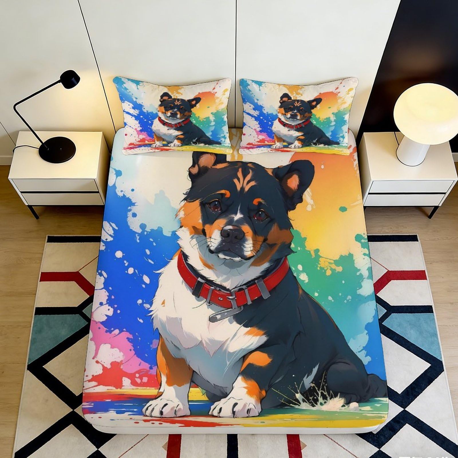 3D Printed Cartoon Dog Fitted Sheet Microfiber Colorful Splash Bed Cover Non Slip Machine Washable for Bedroom 140x200x25cm
