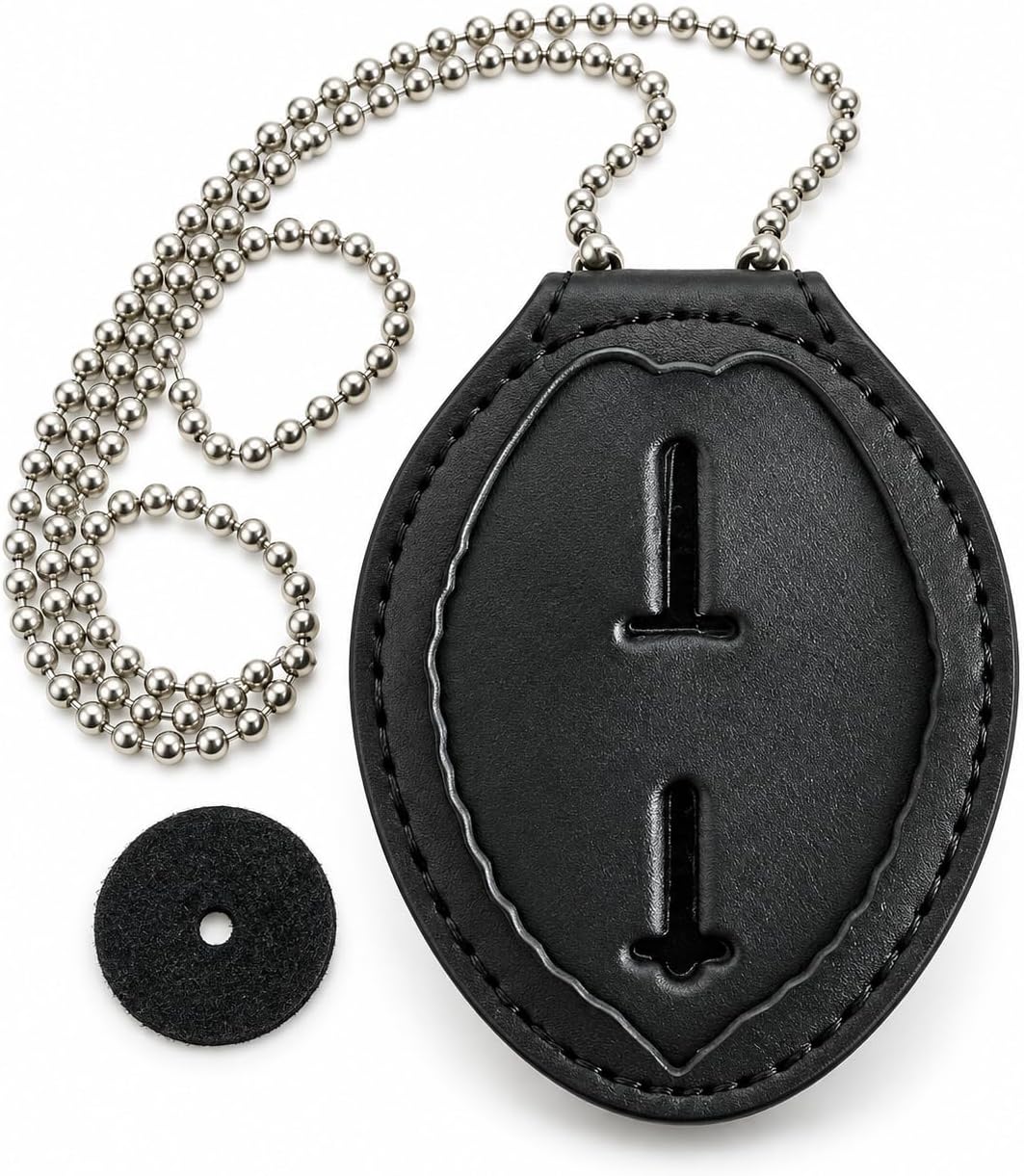 Hero's Pride Deluxe Recessed Cutout Teardrop Badge Holder, Standard Issue Leather Shield Case, Spring Clip and Neck Chain, 3" x 3-3/4" (9150T-0001)
