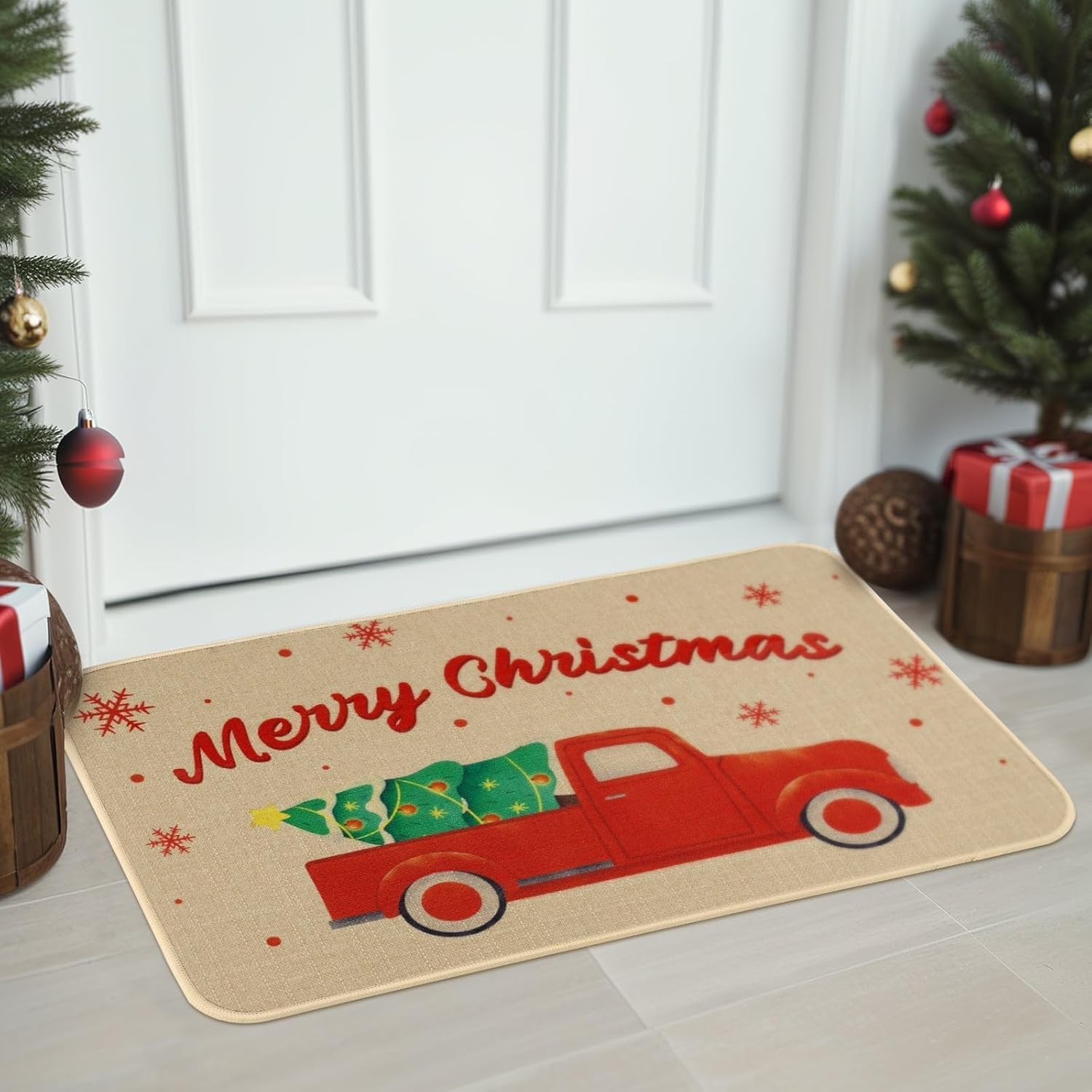 WERNNSAI Merry Christmas Doormat Xmas Welcome Door Mat Non-Slip Rubber Entry Doormat Winter Seasonal Decorative Floor Mat for Home Holiday Decor, 17” x 27.5” (Truck)