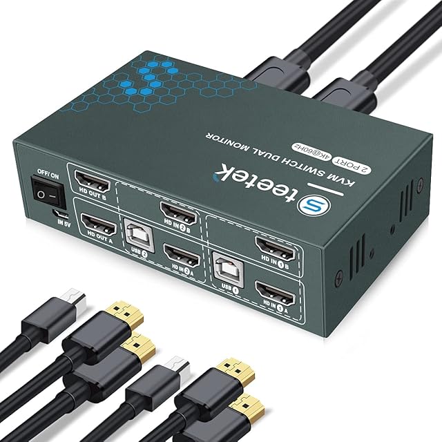 HDMI KVM Switch Dual Monitor 2 Port 4K,4K@60Hz,USB 2.0,KVM Switches 2 PC 2 Monitor,HDMI 2.0,HDCP2.2,KVM Switch HDMI,Button Switch,with 4 HDMI2.0 and 2 USB Cables