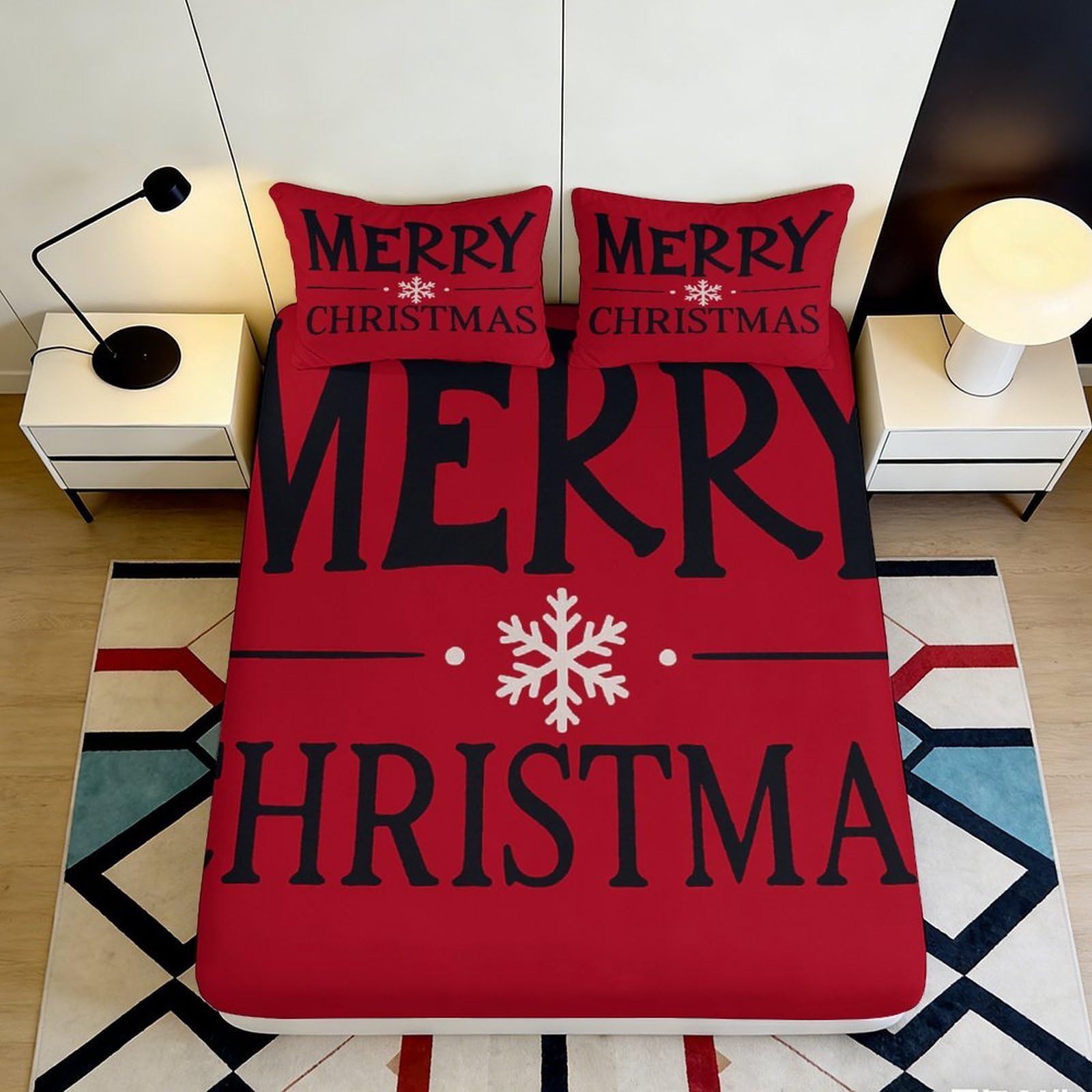 3D Printed Merry Christmas Fitted Sheet Microfiber Red Snowflake Bed Cover for Bedroom Guest Room Easy Care 90x200x25cm