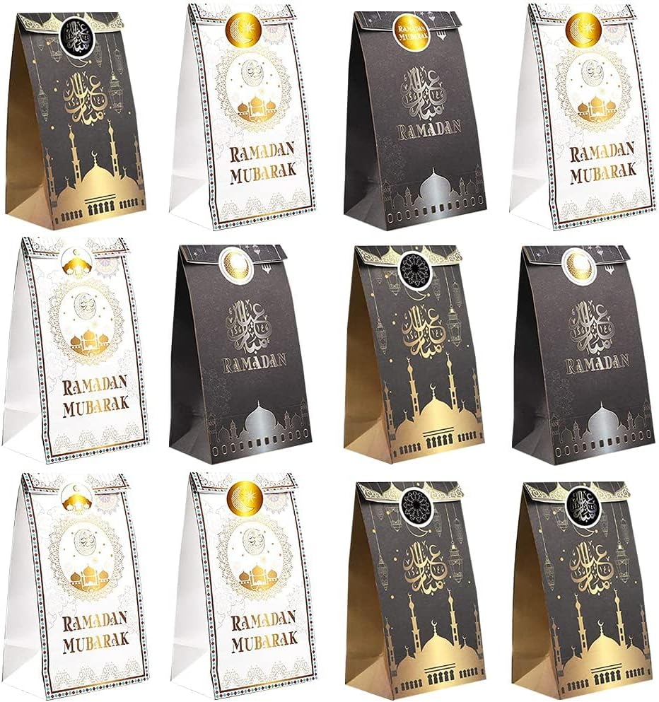 NEXCURIO 12 Pieces Eid Mubarak Party Favor Bags with 18 Pieces Stickers, Ramadan Treat Gift Paper Bags Eid Sweet Candy Gift Bags Ramadan for Muslim Islamic Party Decoration (White, Gold, Black)
