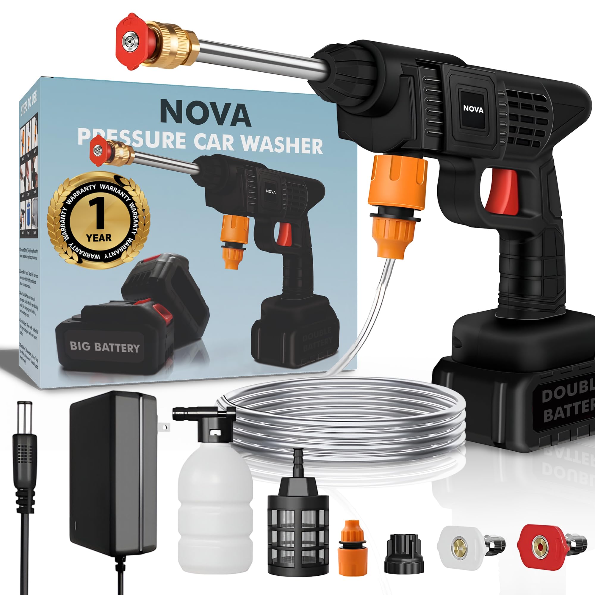 Car Washer High Pressure Gun Rechargeable with 2 Batteries | 1 Year Warranty | Pressure Washer for Car | Car Washing Pump | Water Pressure Gun for Car Wash | Gardening, Cleaning