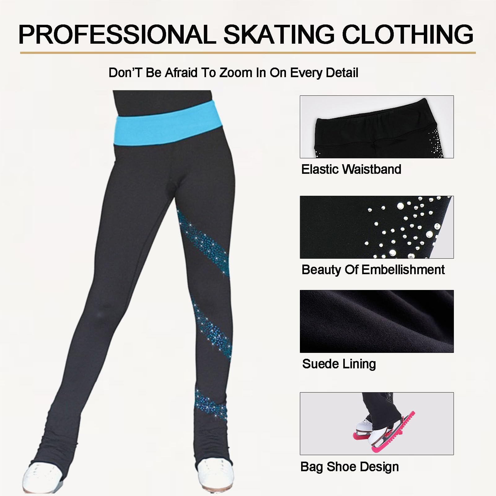Spodnie do jazdy figurowej na lodzie, legginsy do jazdy na lodzie z wysokim stanem i strasami, dziewczęce, damskie, polarowe, ciepłe spodnie do jazdy na lodzie (niebieskie 3XL)