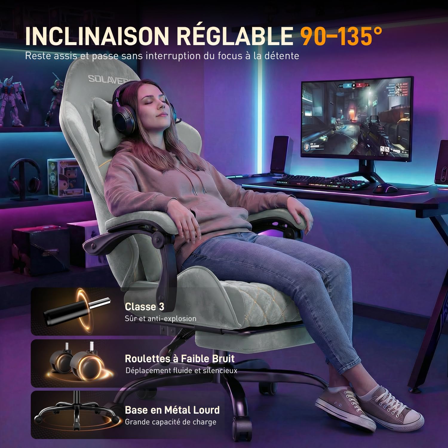 SOLAVERO Chaise Gaming en Tissu Suédine, Fauteuil Gamer Ergonomique avec Support Lombaire Massante, Siège de Bureau avec Repose-Pieds Télescopique, Charge 150kg, Bleu Clair