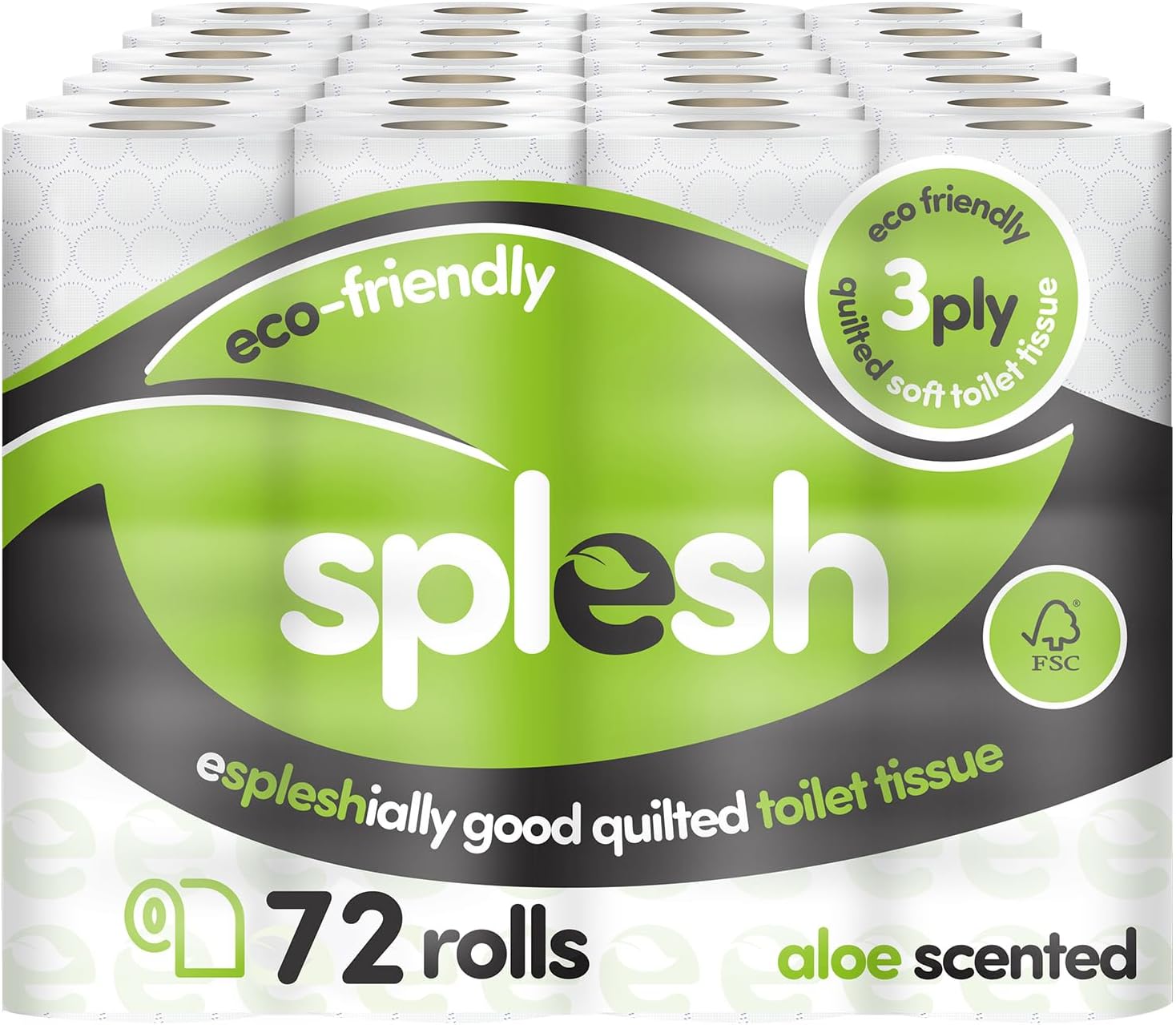 Splesh by Cusheen Toilet Roll 72 Rolls - Aloe Vera Scent Bulk Family Pack | Soft 3 Ply Quilted Bathroom Tissue Loo Rolls | Eco-Friendly, Sustainable Toilet Paper