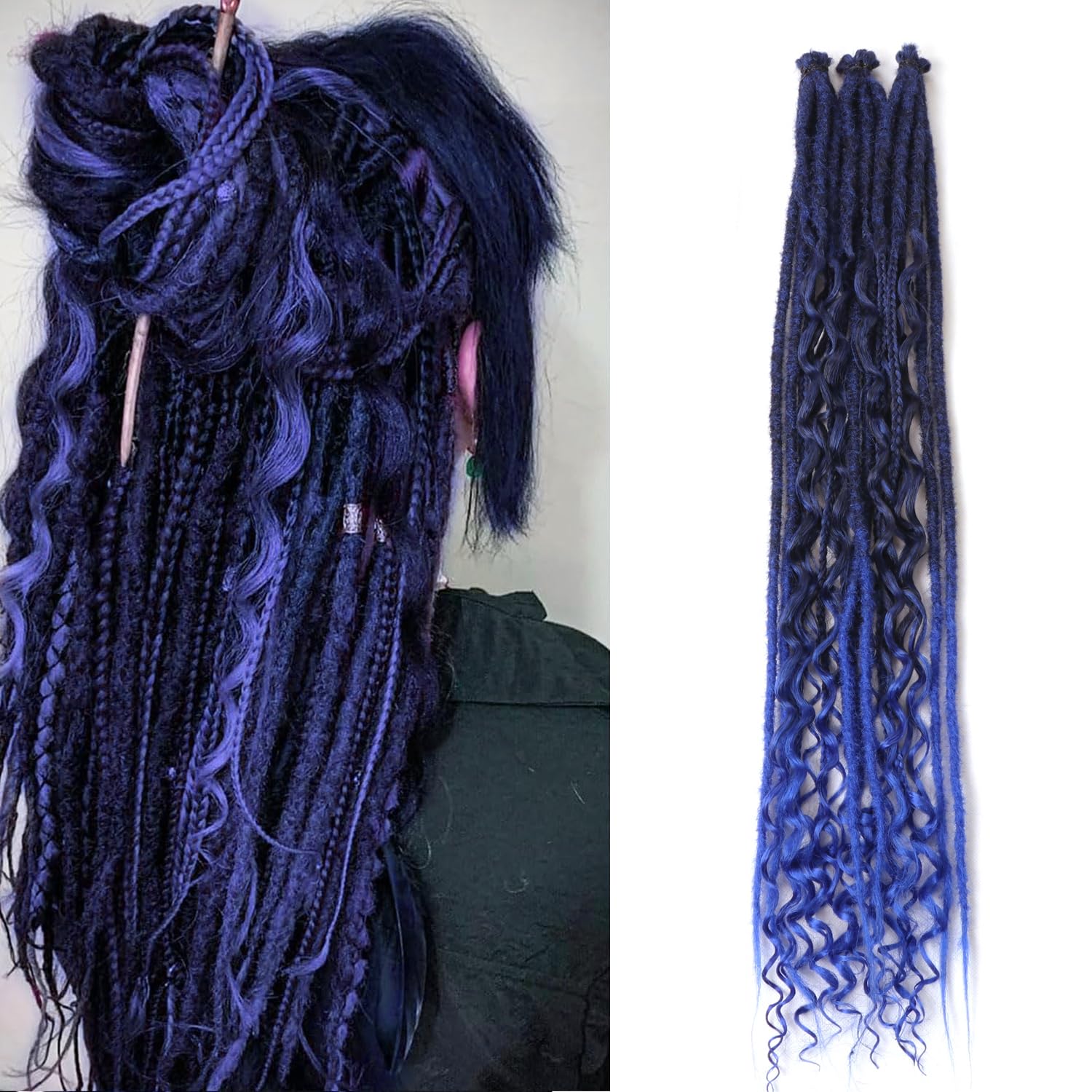 24 Inch Synthetic Dreadlock Extensions Hippie Single Ended Dreads 0.6 cm Width Loc Extensions Reggae Style Crochet Hair for Women (T1B/Blue