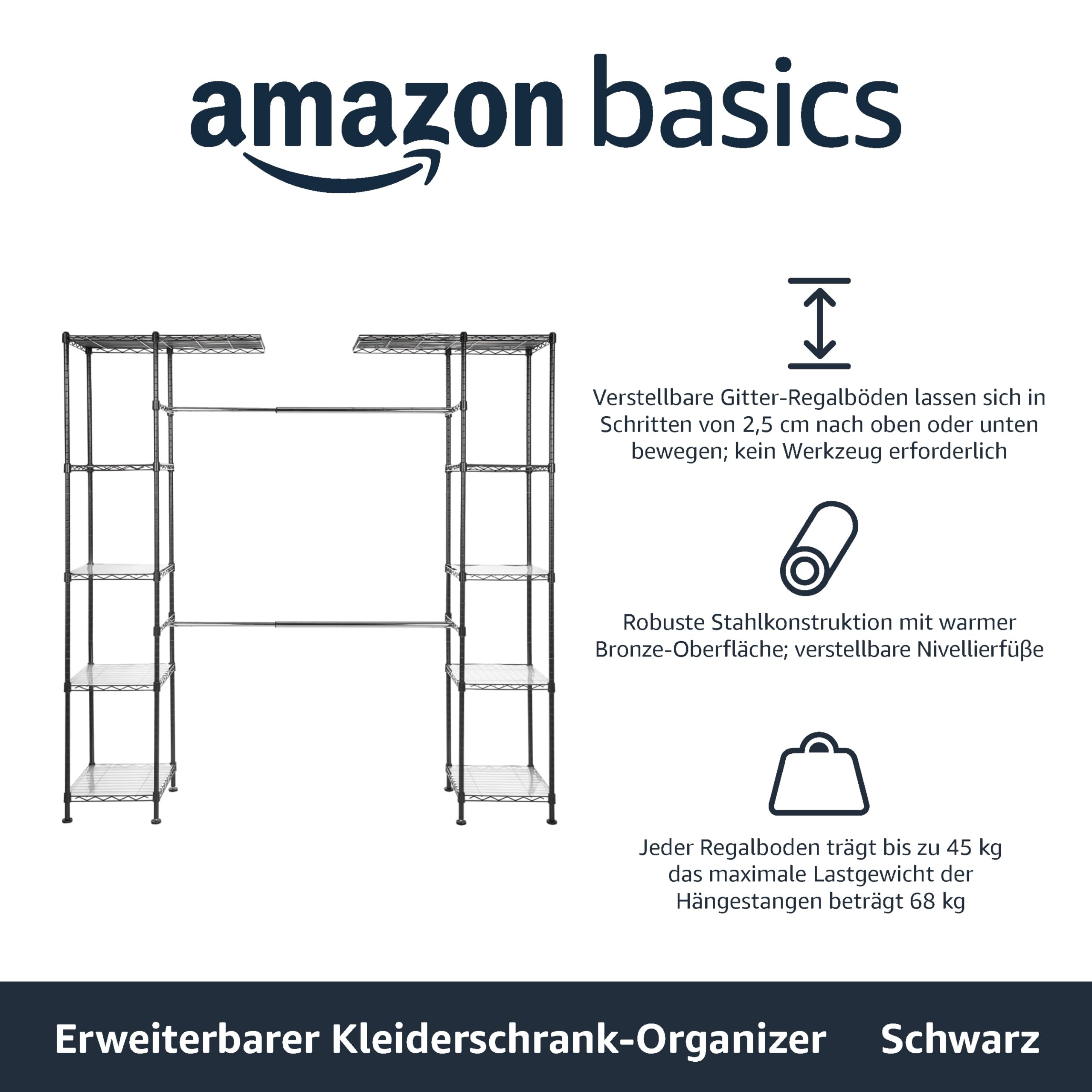 Amazon Basics Ausziehbarer Offener Kleiderschrank mit 10 Höhenverstellbaren Einlegeböden - Maximalgewicht 521 kg, Schwarz, 144.8 - 203.2 x 35.6 x 182.9 cm