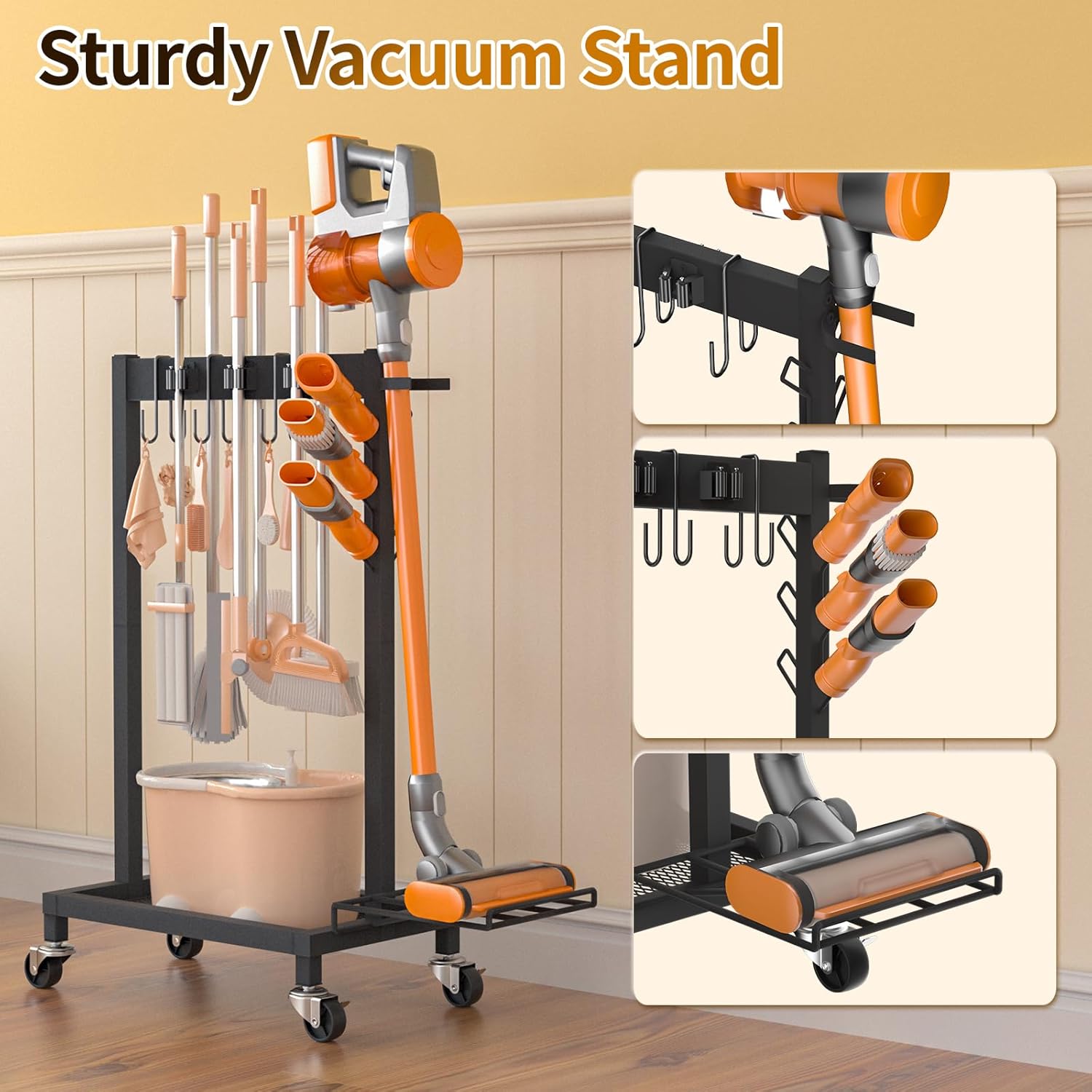 Broom Holder with Cleaning Supplies Organizer Load 160 LBS Cleaning Cart with Wheels Broom Closet Storage with 6 Mop Hanger Grippers, 3 Double-Hooks, Vacuum Stand for Laundry Garage Organization