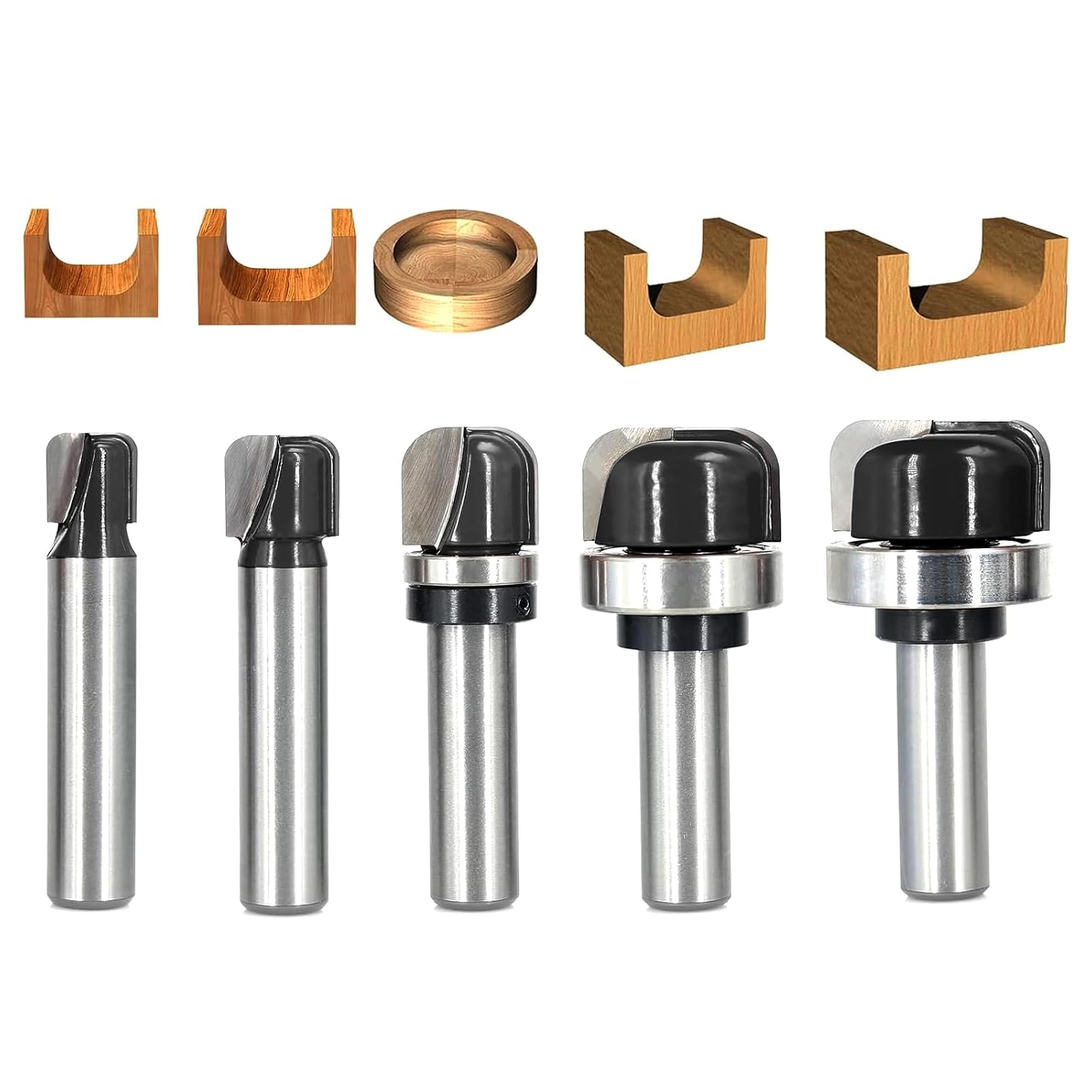 5PCS Bowl & Tray Template Router Bit Set 1/2 Inch Shank, Cove Juice Groove Router Bit, Carbide Tipped Circle Round Nose Cutting, Ideal for Making Wood Bowls, Trays, Boxes, Board Troughs