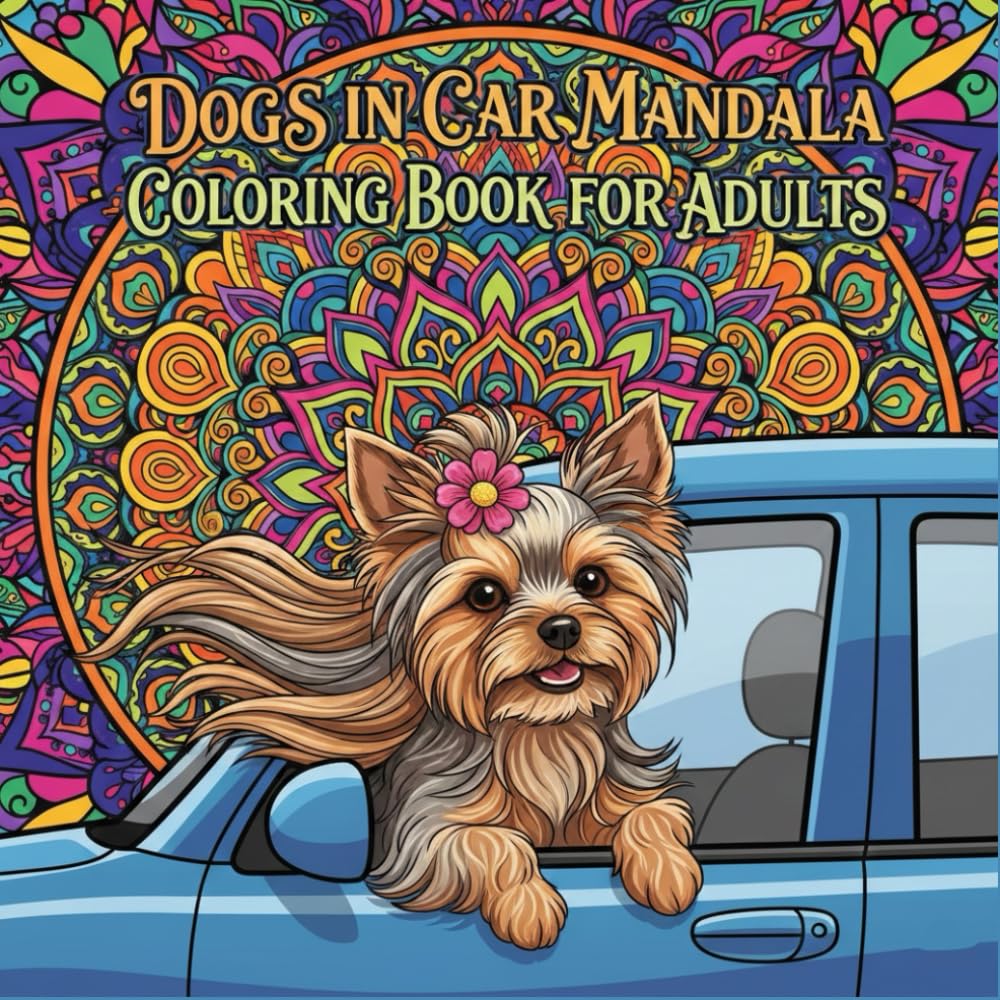 Dogs in car mandala coloring book for adults: Relaxing Mandalas Featuring Cute Dogs in Cars — Stress Relief Coloring Book for Adults and Teens