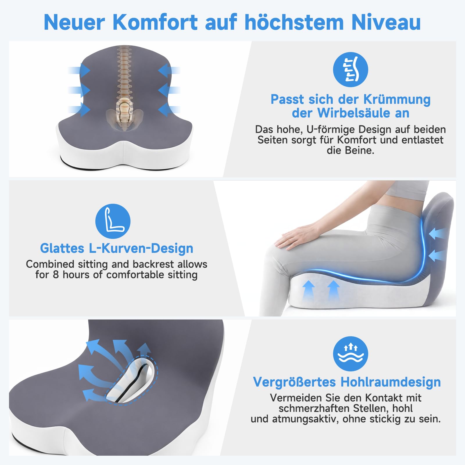 Cuscino ortopedico con schienale, cuscino ergonomico per schienale in memory foam, supporto lombare a forma di L, cuscino per sedia da ufficio, seggiolino, sedia a rotelle, ufficio, auto