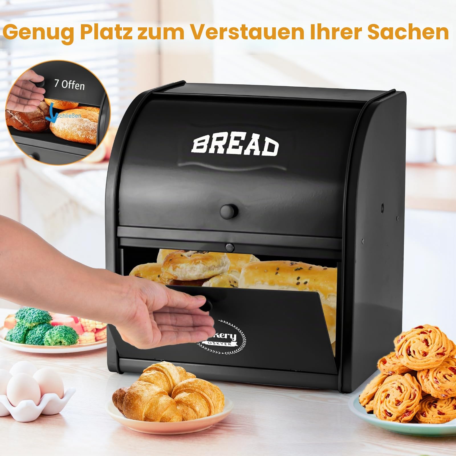 Brotkasten 2-lagig groß Brotkasten für Küche Schwarz