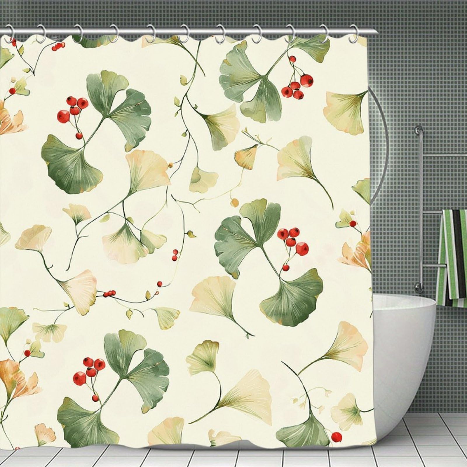 QMNLKH Ginkgo Leaves and Berries Shower Curtain with Hooks, Waterproof Bath Curtains for Bathroom, Lightweight Bath Curtains Liner for Hotel, Personalized Bath Curtain for Spa, 70.8 Inch