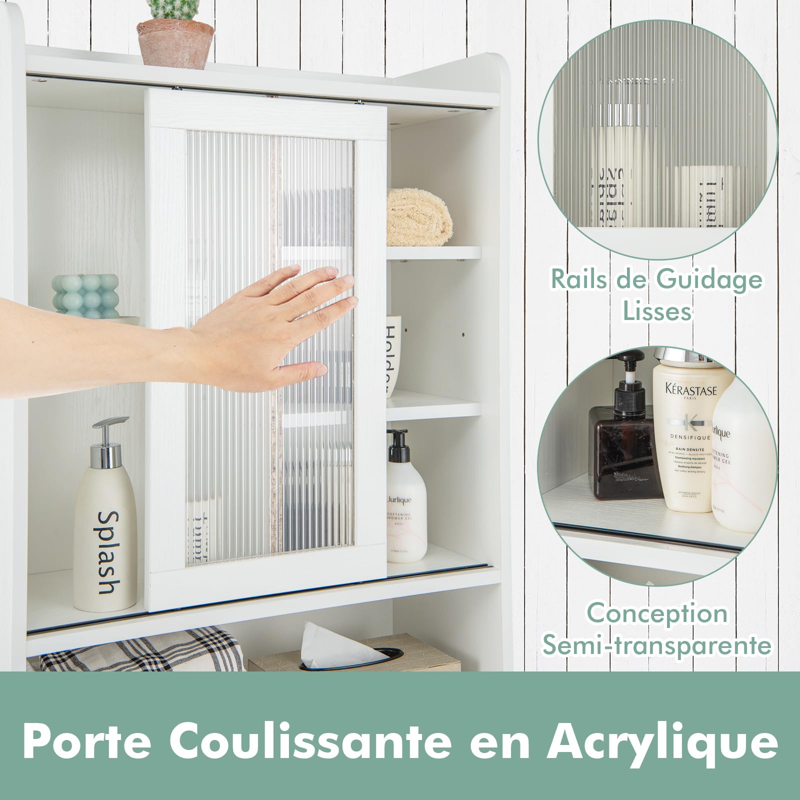 GOPLUS Meuble WC au-Dessus de Toilettes, Porte Coulissante en Acrylique, Étagères Crochets Réglables, Cadre en Métal, Meuble Rangement au Machine à Laver, 63x29x170cm (Blanc)