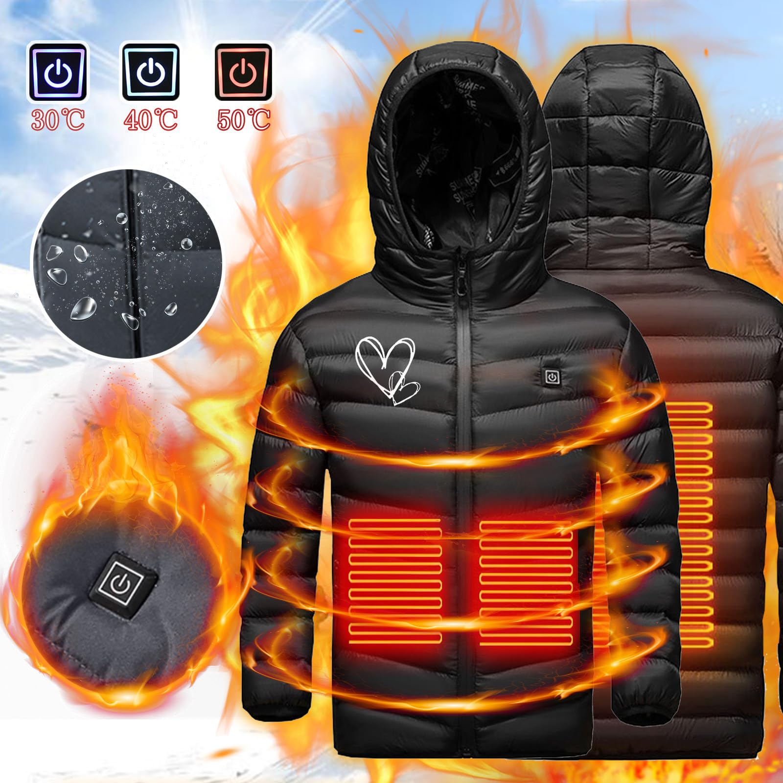 Générique Doudoune Chauffante Imprimé Enfant Avec 3 Zones de Chauffage Températures Optionnelles Manteau Chauffantes intelligent chauffé Veste Chauffante Vestes Chauffage Hiver