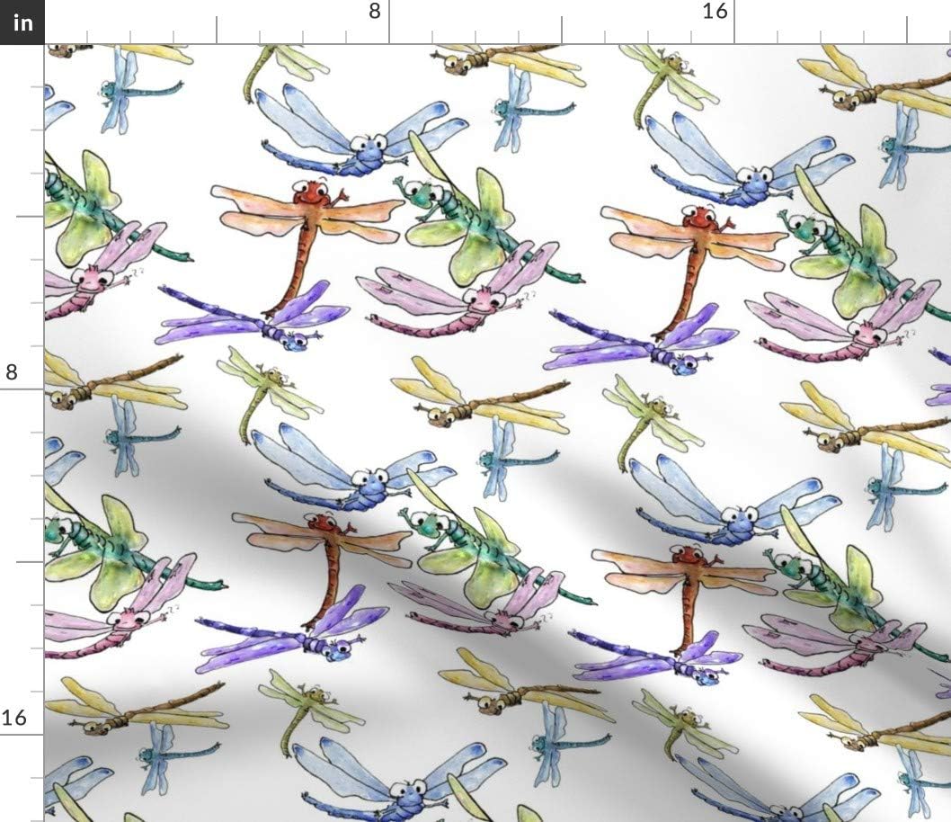 Spoonflower Fabric - Happy Dragonflies Dragonfly Cartoon Whimsical Funny Nursery Watercolor Printed on Petal Signature Cotton Fabric by The Yard - Sewing Quilting Apparel Crafts Decor