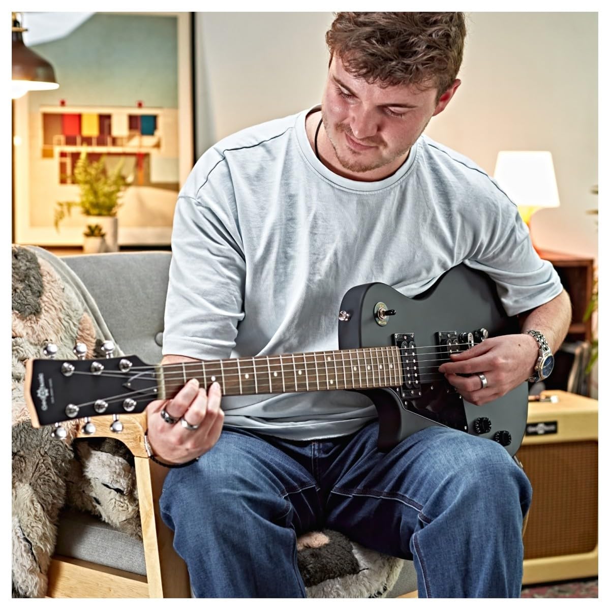 Chitarra Elettrica per Mancini New Jersey di Gear4music, Nero | Estetica e Suoni Rock Classici, Manico Comodo e Corpo Leggero, Pickup Humbucker Doppi, Ideale per Principianti