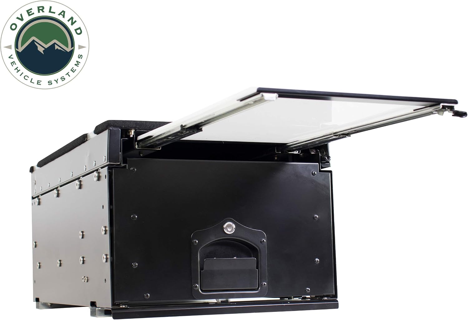 Overland Vehicle Systems Cargo Box With Slide Out Drawer & Working Station Size - Two Stage Dual Black Powder Coat Universal - Marine grade Stainless Steel Hardware