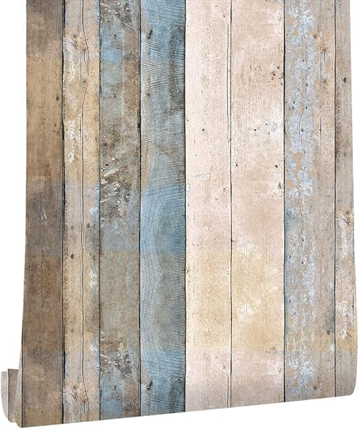 Amazon Haokhome 5ビンテージ木目ウッドパネル壁紙ロール53cmx10mブルー ベージュ ブラウン木製プランク壁画ホームキッチンバスルーム装飾 Diy 工具 ガーデン