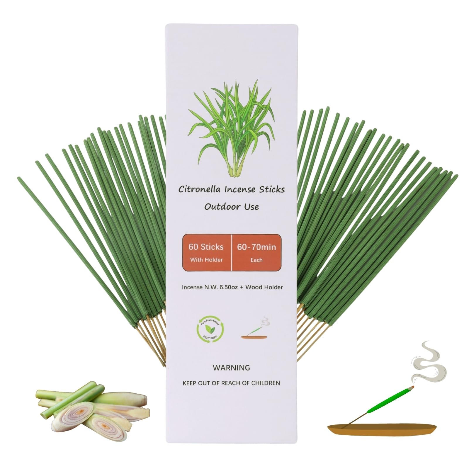 Outdoor Citronella Incense Sticks with Holder,Patio Incense Rods for Outside,Jumbo Joss Stick Kit for Camping,Garden Aromatherapy Lemongrass Sticks Long Lasting 70 Min Burning Each — image 1