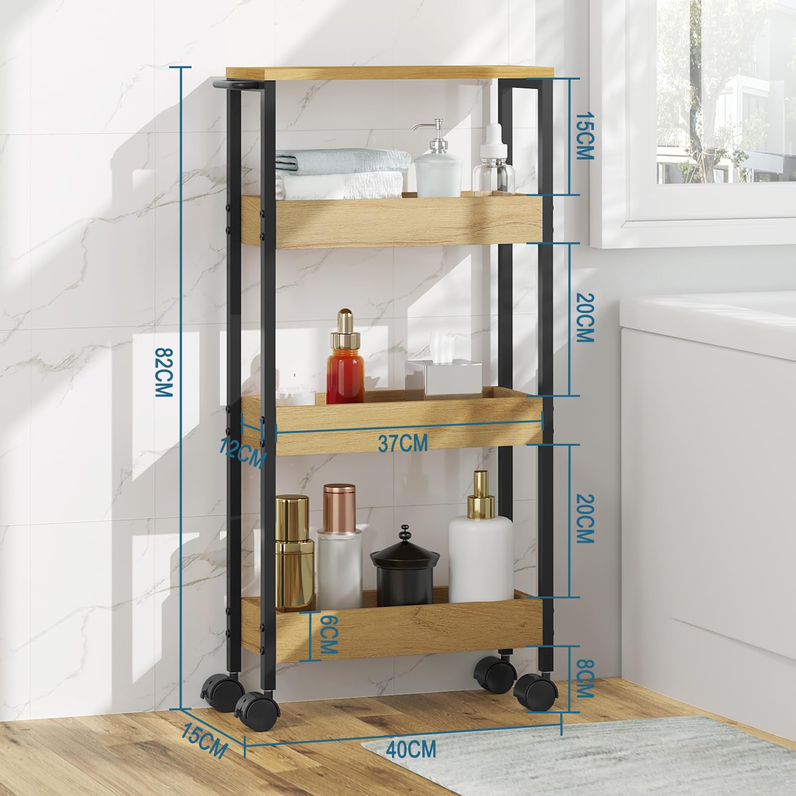 EUGAD Estanteria de Baño de 4 Niveles, Carrito con Ruedas para Baño, Carro de Almacenamiento de Baño, Carrito Estrecho con 2 Frenos, Armazón Metálico, 40x15x82 cm, Ngero+Roble Calro