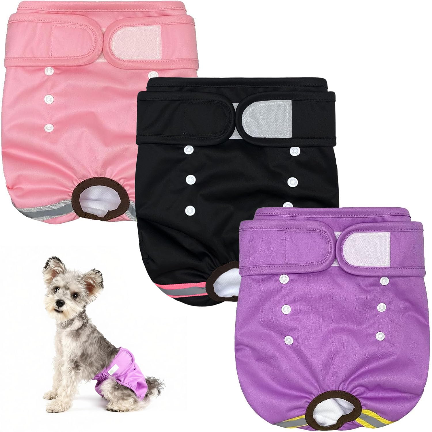 3Pack Dog Nappies, Washable Reusable Dog Period Pants, Medium Large Small Dogs Incontinence Pant, Dog Season Pants Female (Black, Pink, Purple,) (L)