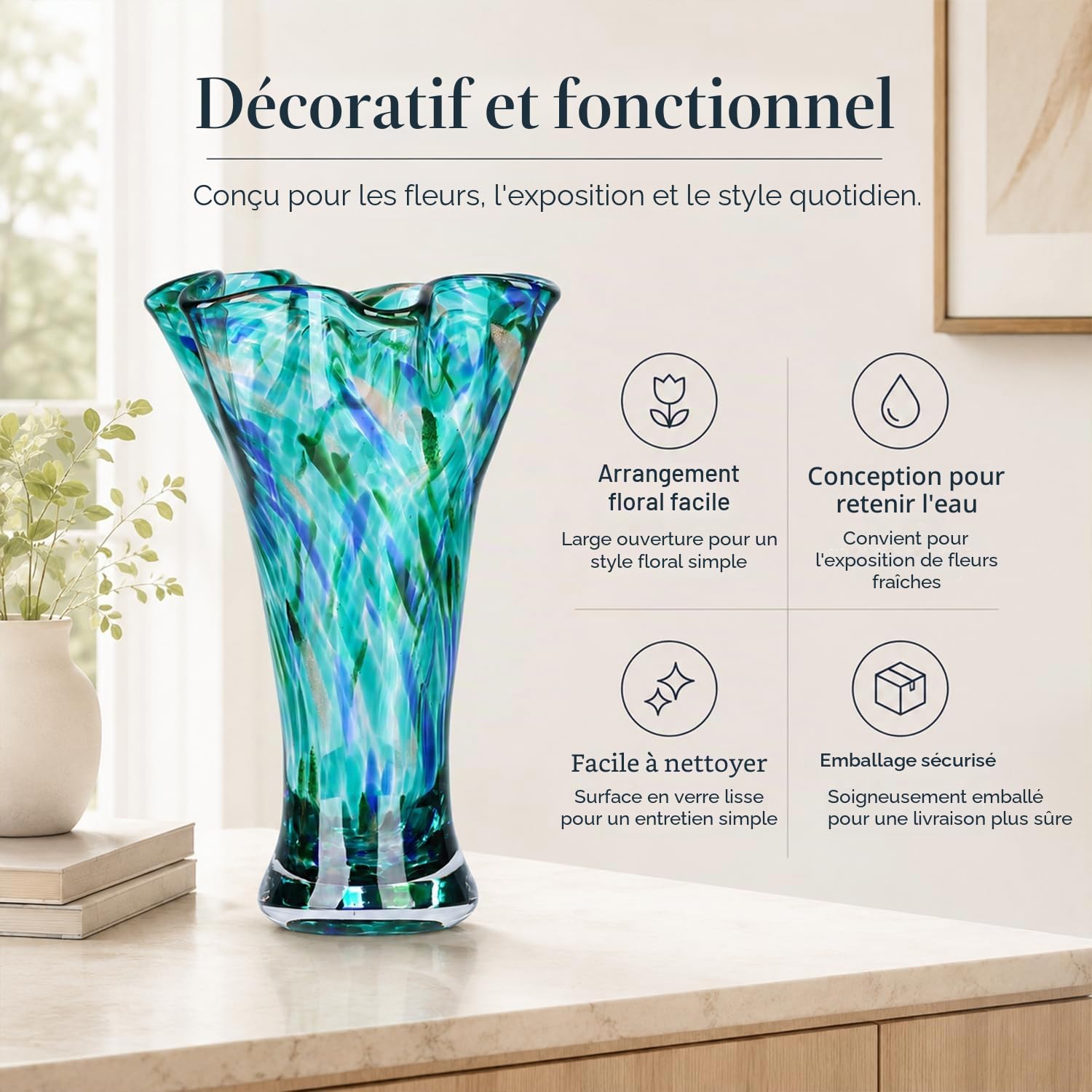 Vases en verre bleu sarcelle de 22,9 cm de hauteur pour fleurs, vase en verre soufflé à la main, décoration d'intérieur, vase à fleurs vertes à large goulot, centres de table, pour bibliothèque, table