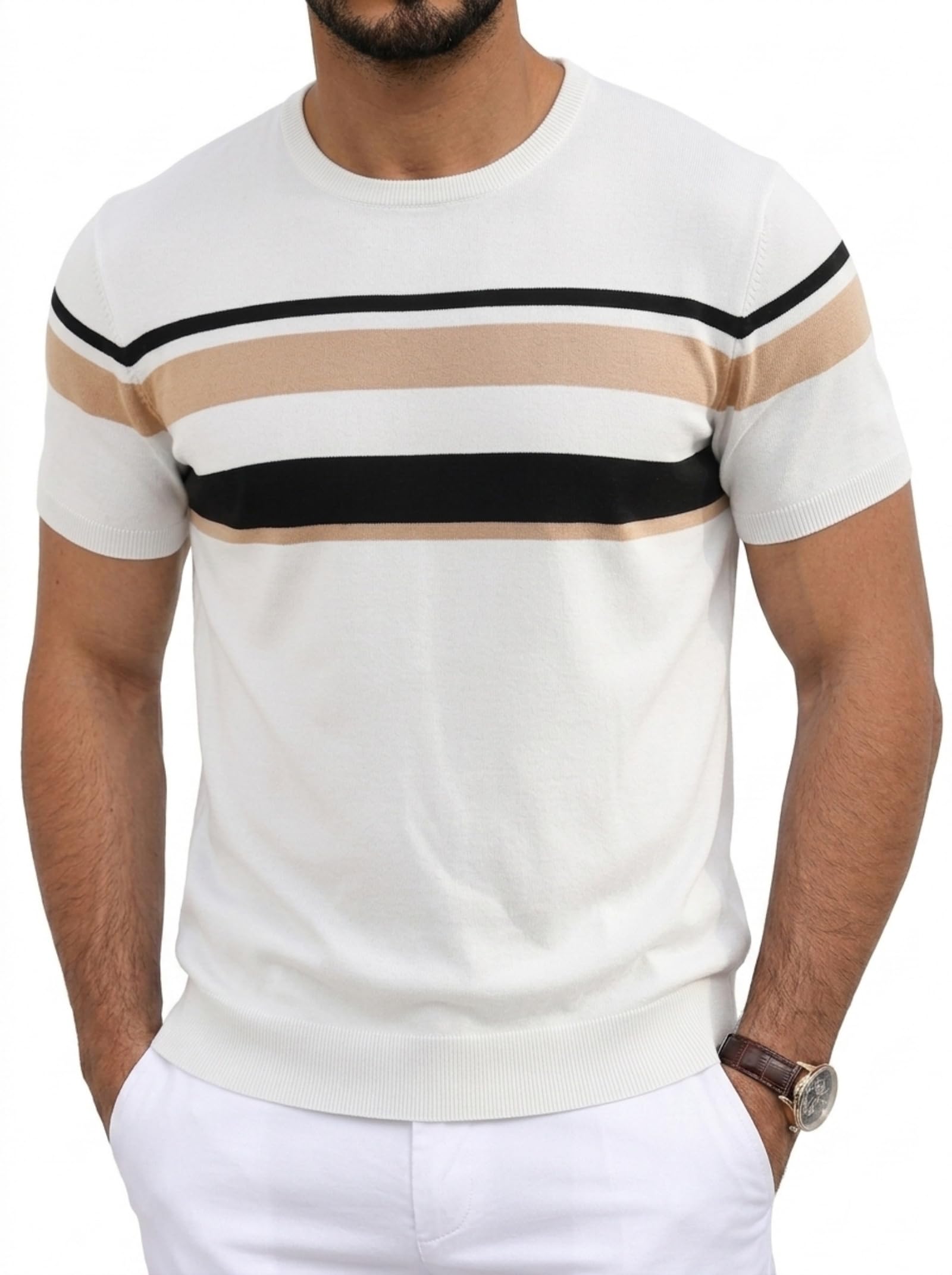 Aulemen T Shirt Herren Strick Kurzarm Gestreiftes Rundhalsshirt M-3XL | Casual Business,Bügelfrei und knitterfrei,Regular Fit ,Oberteil für Frühling, Sommer & Herbst
