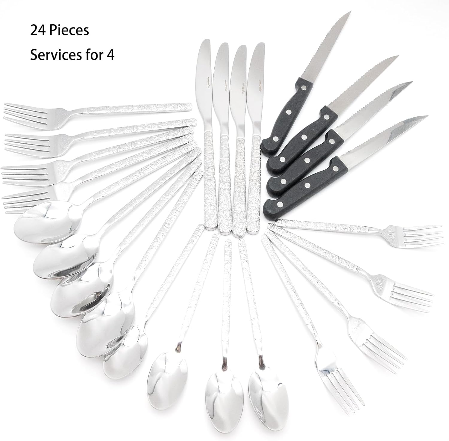 24 Piece Premium Stainless Steel heavy Flatware Set, Silverware Set for 24,Food-Grade Tableware Cutlery Set,Service for 4 Tableware Including Steak Knife,Dishwasher Safe