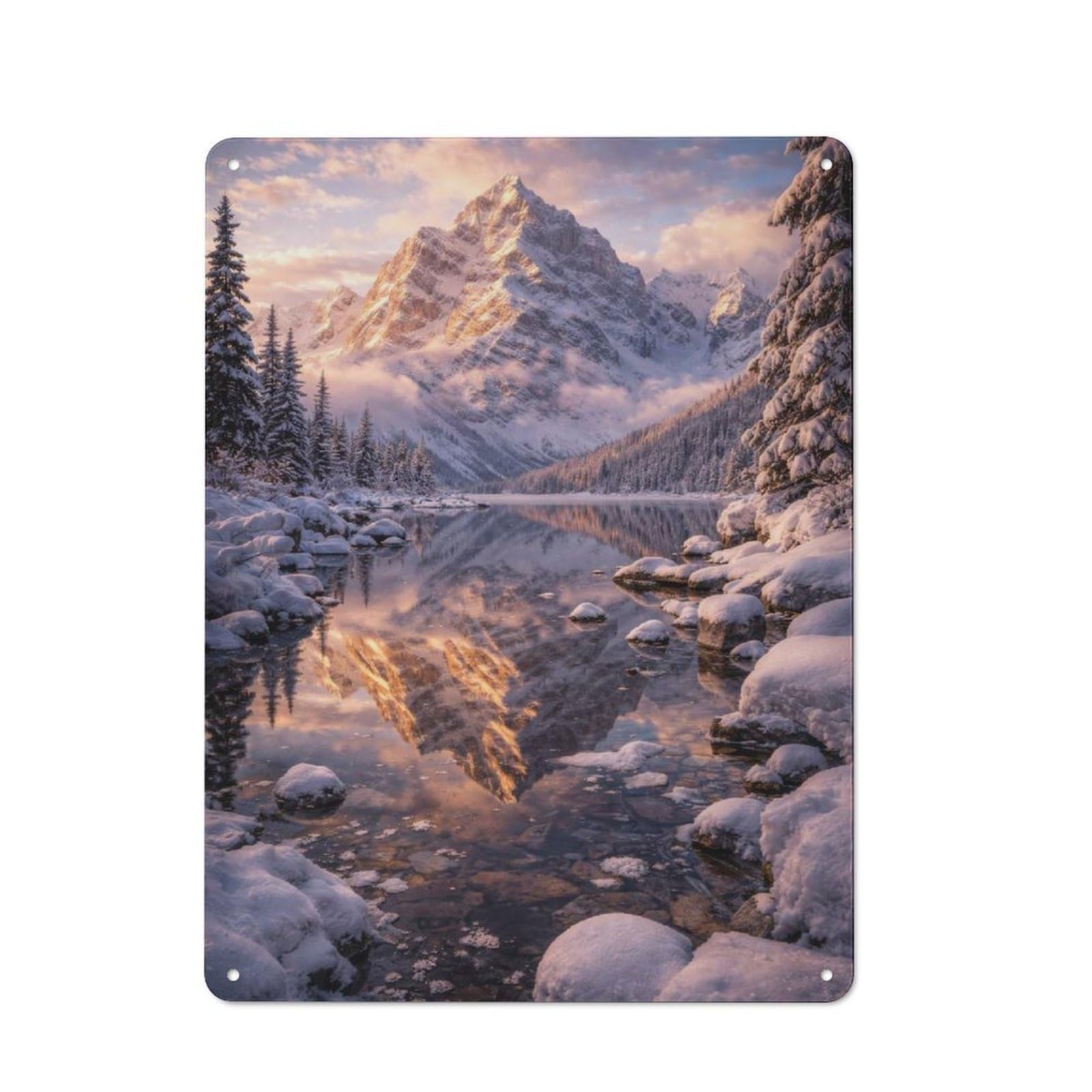 Junmoney Style-13 Tin Wall Plaque 40X30cm With Snowy Mountain Reflection At Sunrise For Bar Or Restaurant, For Hospitality Decor Collectors