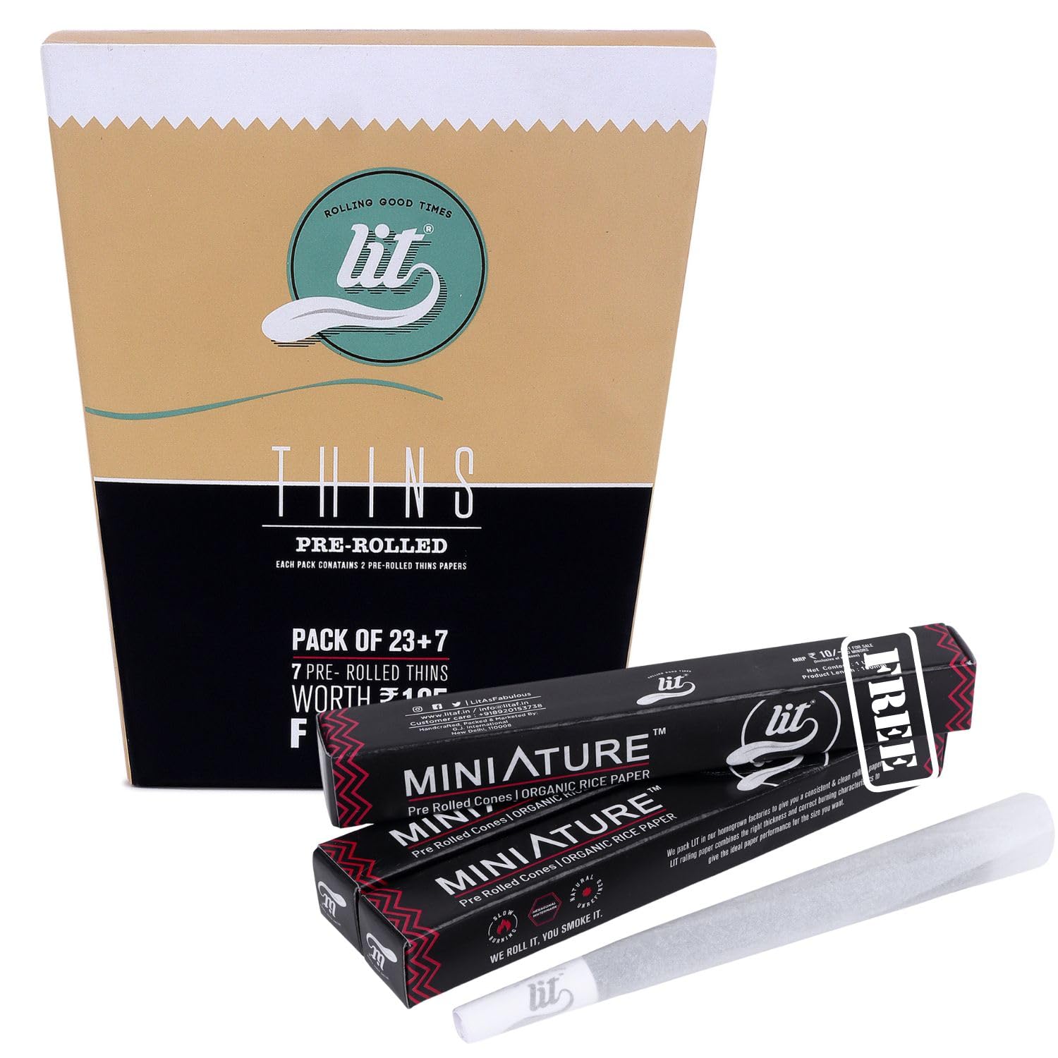 LIT THINS Pre-rolled Cones Each Pack 1 White and 1 Brown Slim Cone (Box of 30 Pack, Total 60 Cones) GET FREE 6pcs MINIATURES Pre-Rolled Cones