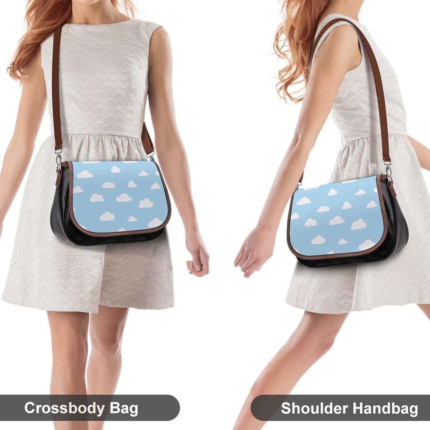 White Clouds Cartoon BlueWomen's Faux Leather Crossbody Bag, Waterproof Wrinkle-Resistant Shoulder Bag with Detachable Strap, Large Capacity Casual Handbag, Fashion Daily Purse for Shopping Work Datin