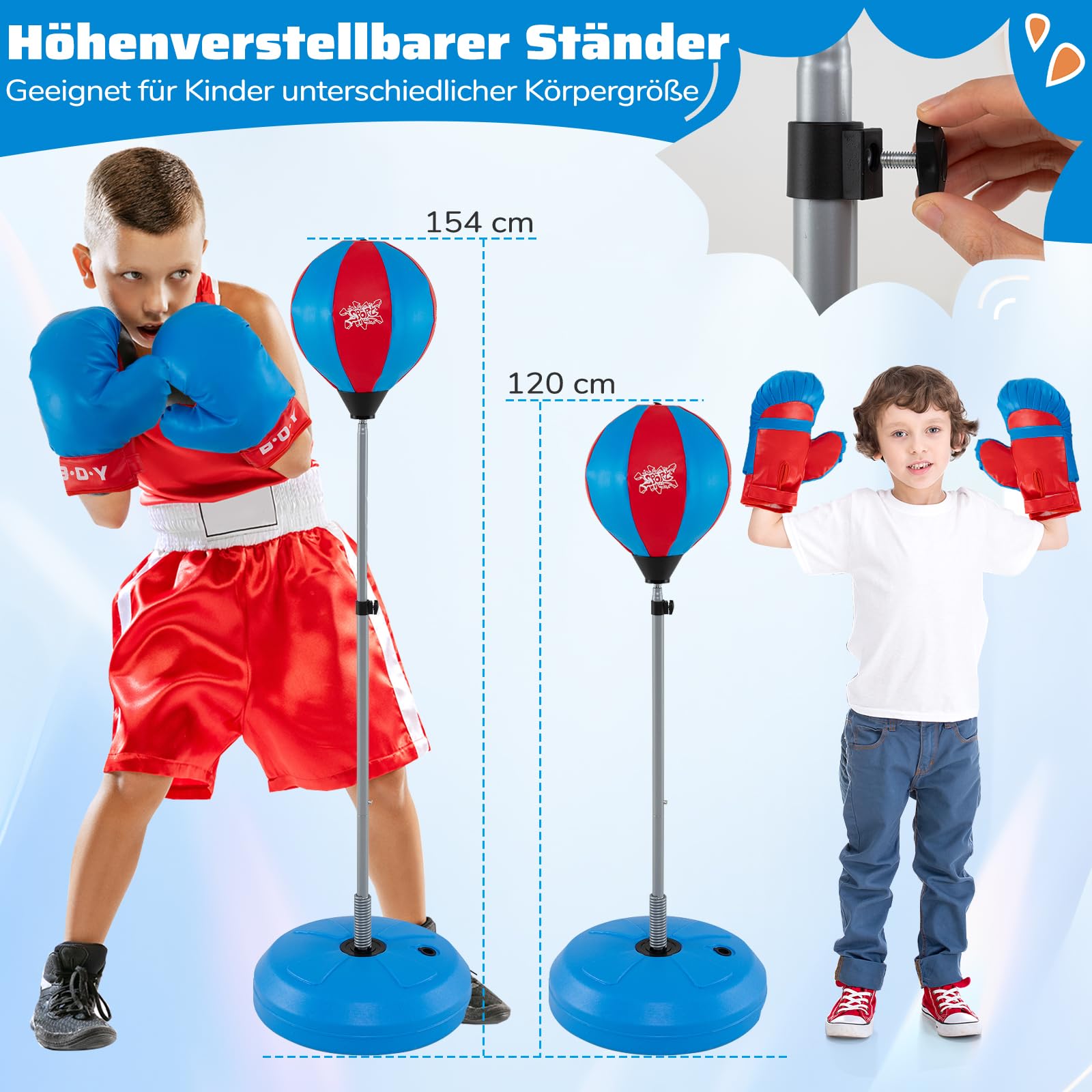 GOPLUS Juego de Saco de Boxeo, Altura Ajustable 120-154 cm, Saco de Boxeo de Pie con Guantes de Boxeo, Bomba y Base Rellenable, Punchingball para Niños y Adultos, para Ejercicio o Entrenamiento