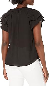 新品 Rene ❁ Spring Collection Frill Blouse Zac & Rachel womens Tiered Sleeve Button Front Blouse, Black