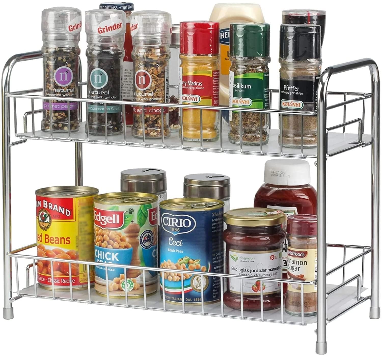 Vishva Stainless Steel 2-Tier Portable Multipurpose Kitchen organizer | Kitchen Rack/Trolley | Spice Organizer Standing Rack for Counter top | kitchen cabinets storage racks, Silver, Tiered Shelf