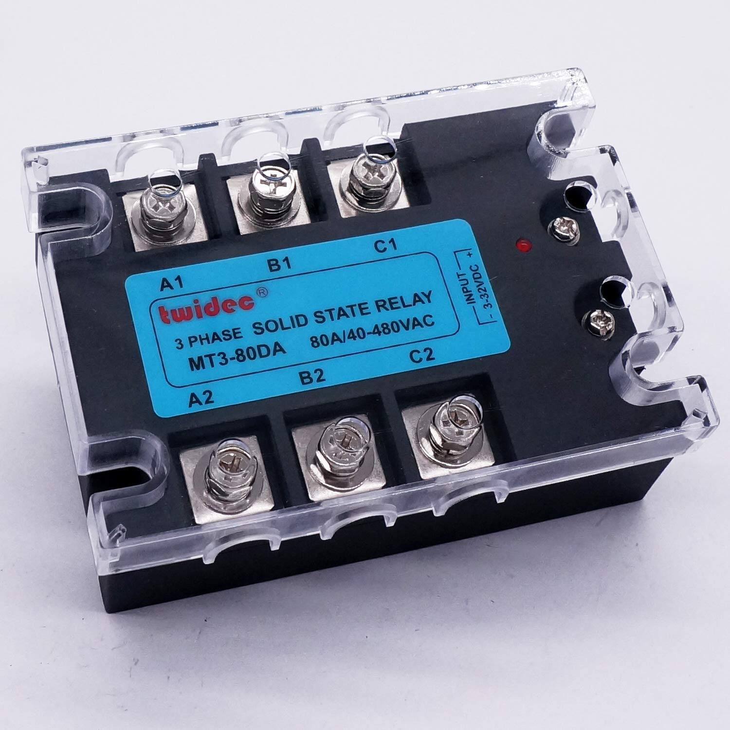 Twidec Relè a stato solido a 3 fasi 80DA SSR relè da CC a AC 40A 3-32VDC a 40-480V AC Relè + dissipatore di calore in alluminio + ventilatore elettrico MT3-80DA-SF