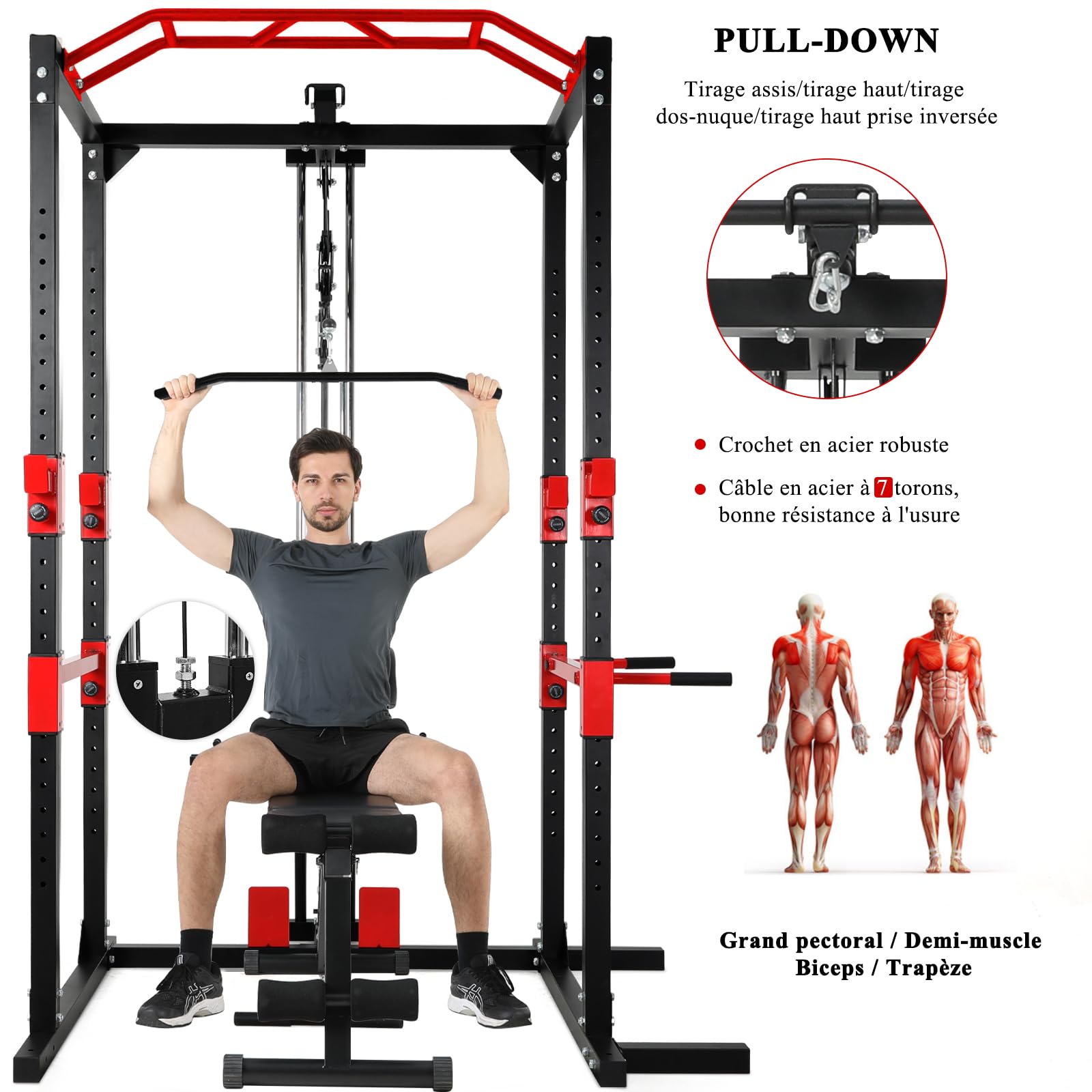 ISE Cage de Musculation Power Rack Cage Squat, Station de Musculation, Barre de Traction et Dips, Barre Multi-Prises et Maintien des Jambes Réglable, Cage Musculation Acier, Rack Musculation