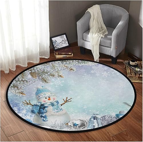 Alfombra redonda de invierno con diseño de muñeco de nieve, diseño de copo de nieve azul, tapete circular de 3 pies para el hogar, comedor, sala de