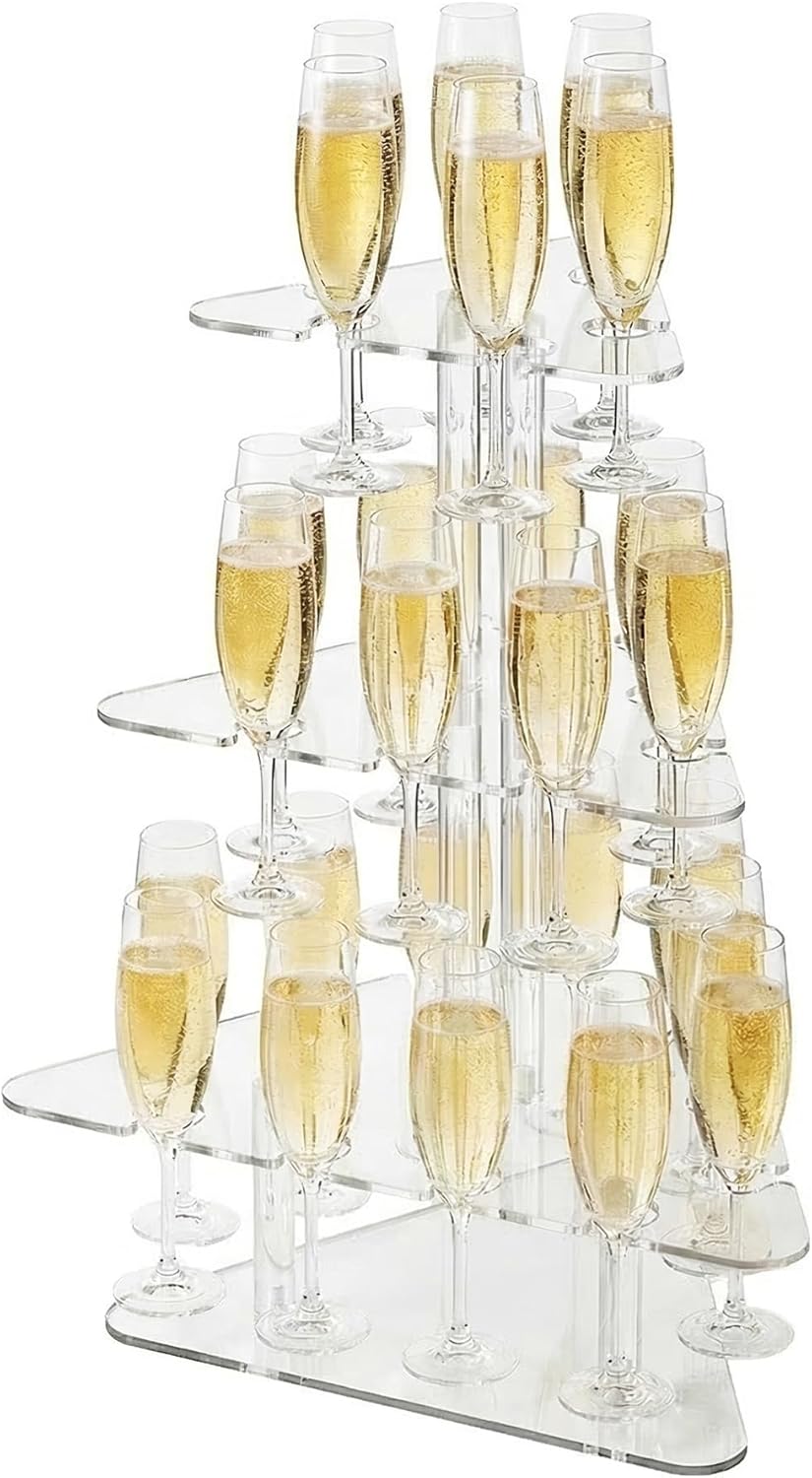 maytopia Champagne Wall Holder for Party with 27 Slots, 3 Tire Acrylic Champagne Tower with LED Light, Wine Glass Rack Stemware Holder Drink Tower for Bridal Shower Wedding Christmas Birthday Party