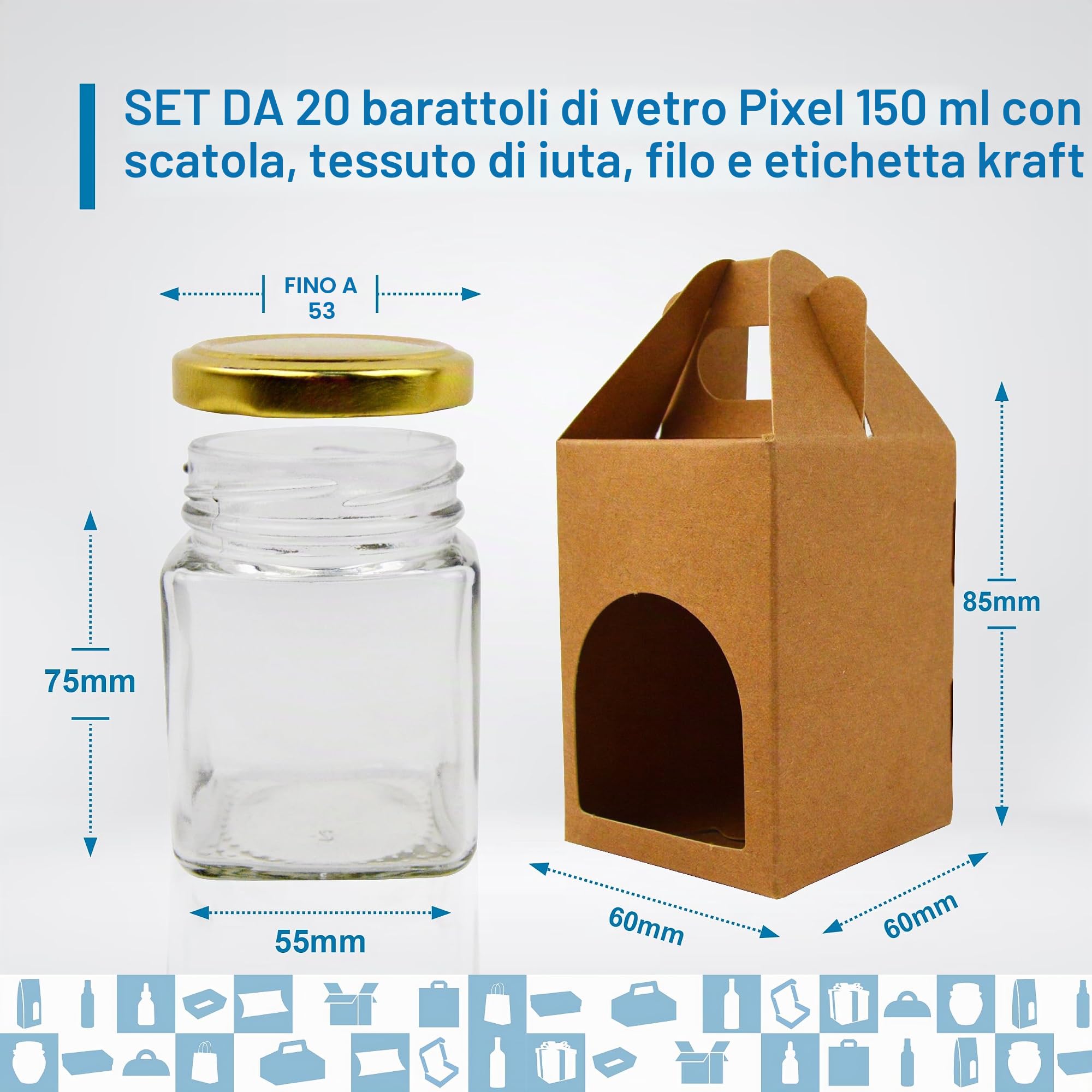 Espirito Rebelde Set 20 Barattoli di Vetro Quadrati 150 ml + 20 Scatole, Etichette Kraft, Tessuto e Spago – Vasetti per Spezie e Marmellata | Bomboniera