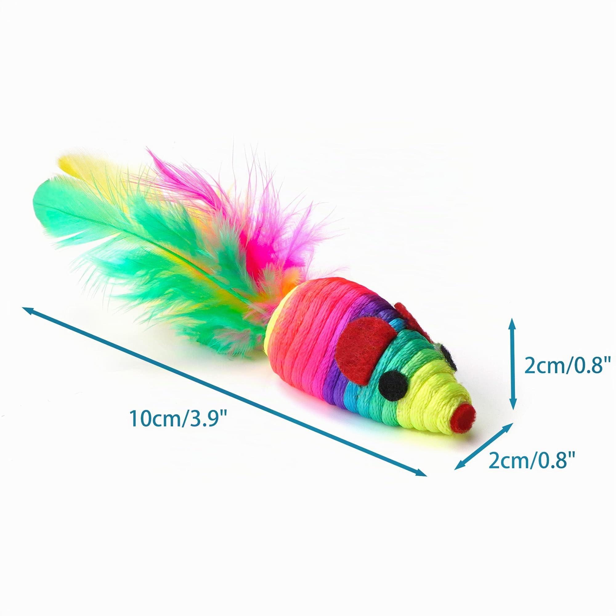 Chiwava 24 Stück 12,5 cm Rassel Katzenspielzeug Maus Regenbogen Seil Mäuse mit Feder Kätzchen Interaktives Spielzeug Sortierte Farbe