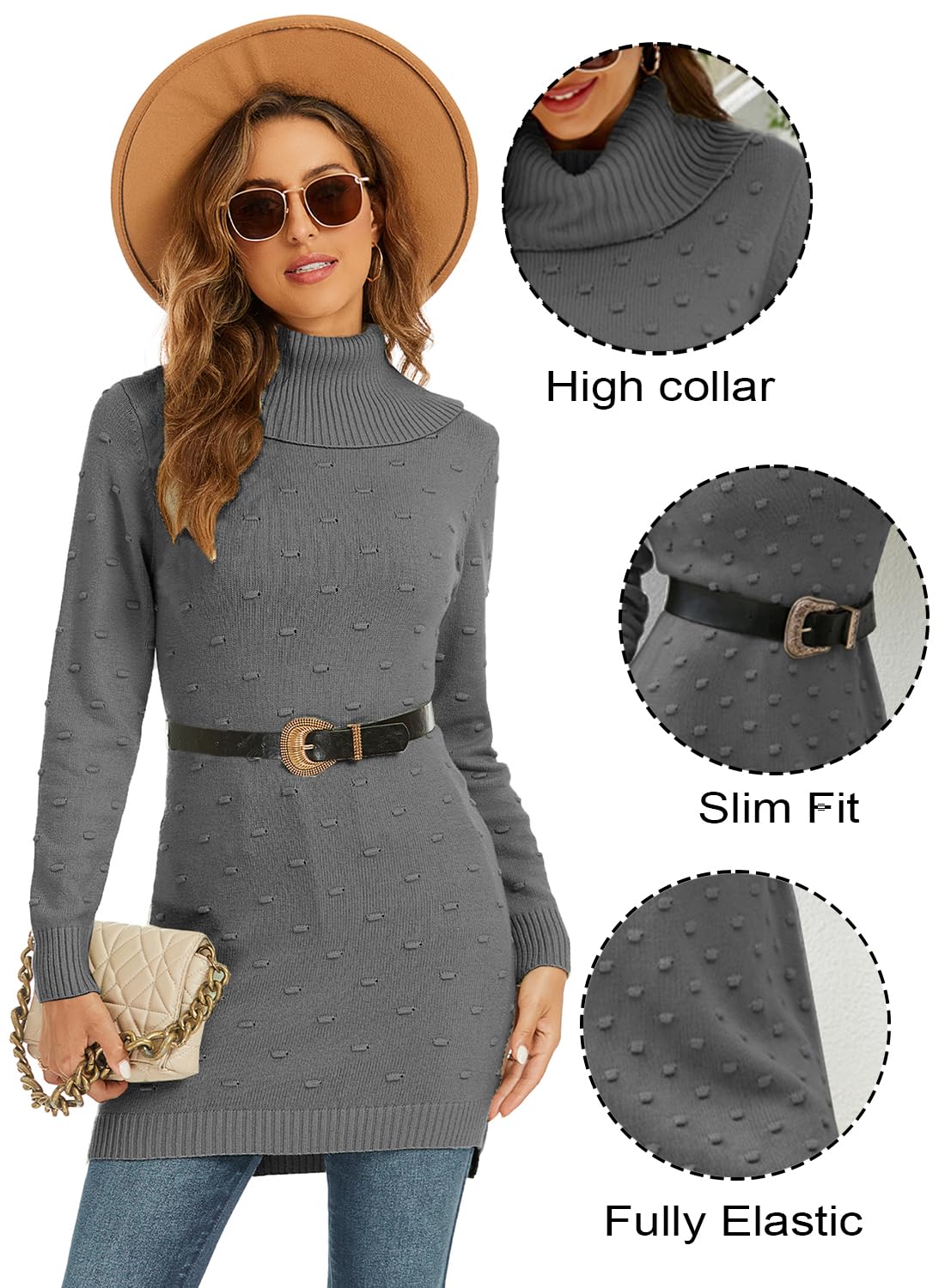 NLAND Maglione Donna Invernale Abito Maglia Lunghe Cuello Casuala Solido Maniche Lunga Adatto Alto Vestiti Elegante Caldo Aderente Pullover Maglia Invernale